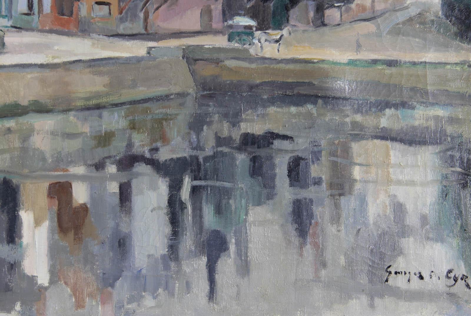 Le quai Sainte Catherine à Honfleur - Gray Landscape Painting by Georges Albert CYR 