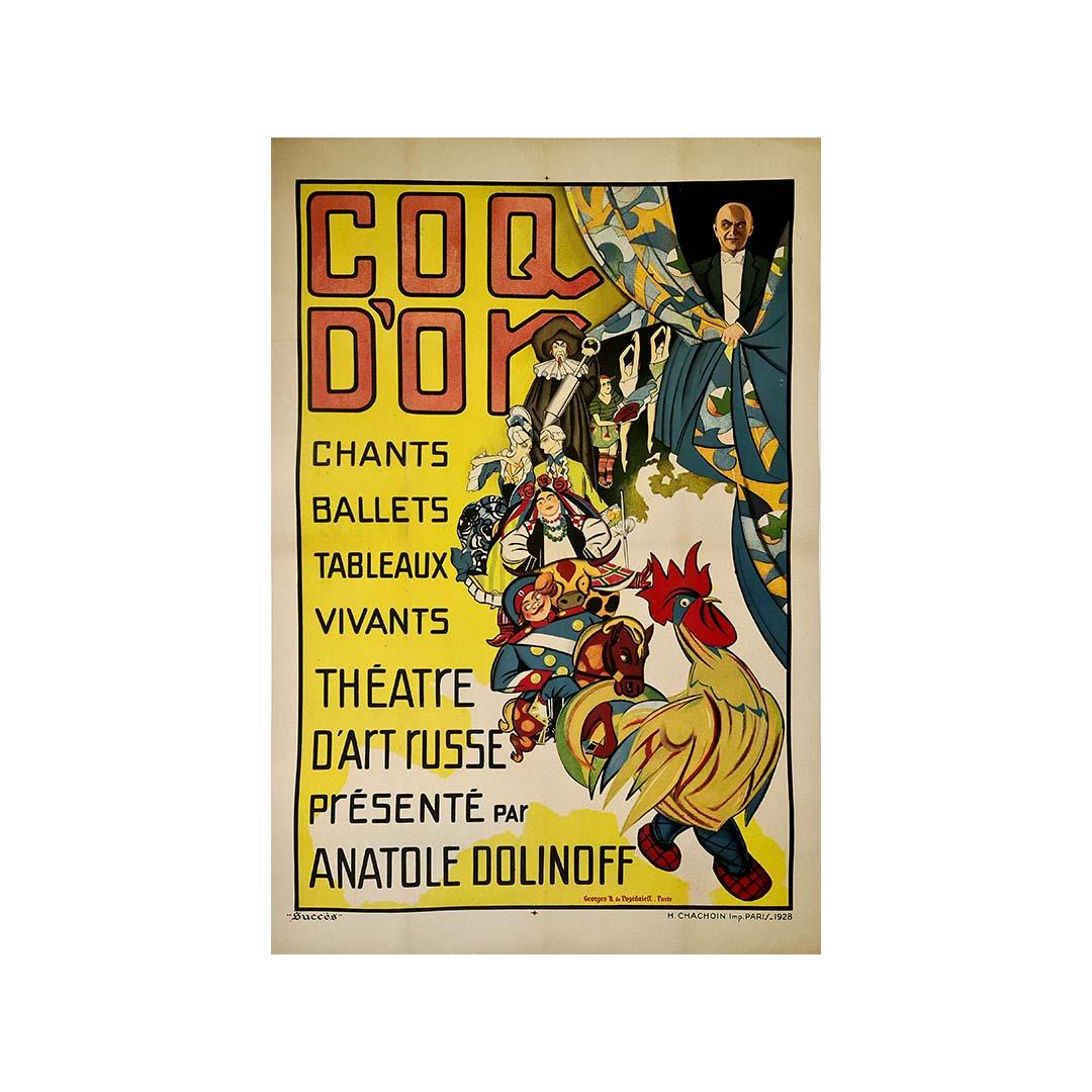 Cette vibrante affiche originale de 1928 de Georges H. de Pogédaïeff annonce le spectacle théâtral Coq d'Or, présenté par Anatole Dolinoff dans le cadre d'une célébration des traditions artistiques russes en France. Conçue dans un style exubérant