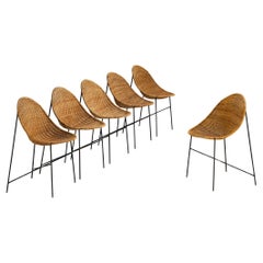 Georges et Hermine Laurent ensemble de six chaises de salle à manger en rotin et acier
