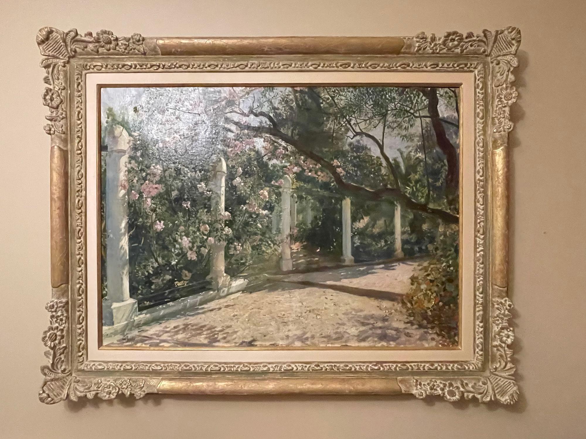 Oil on Canvas, Georges Antoine Rochegrosse, Almond Trees, Sotheby's NYC Provenance
This poignant large and impressive oil on canvas is an important work as it most likely depicts the gardens of Villa El Biar, Algiers, where Rochegrosse and his wife