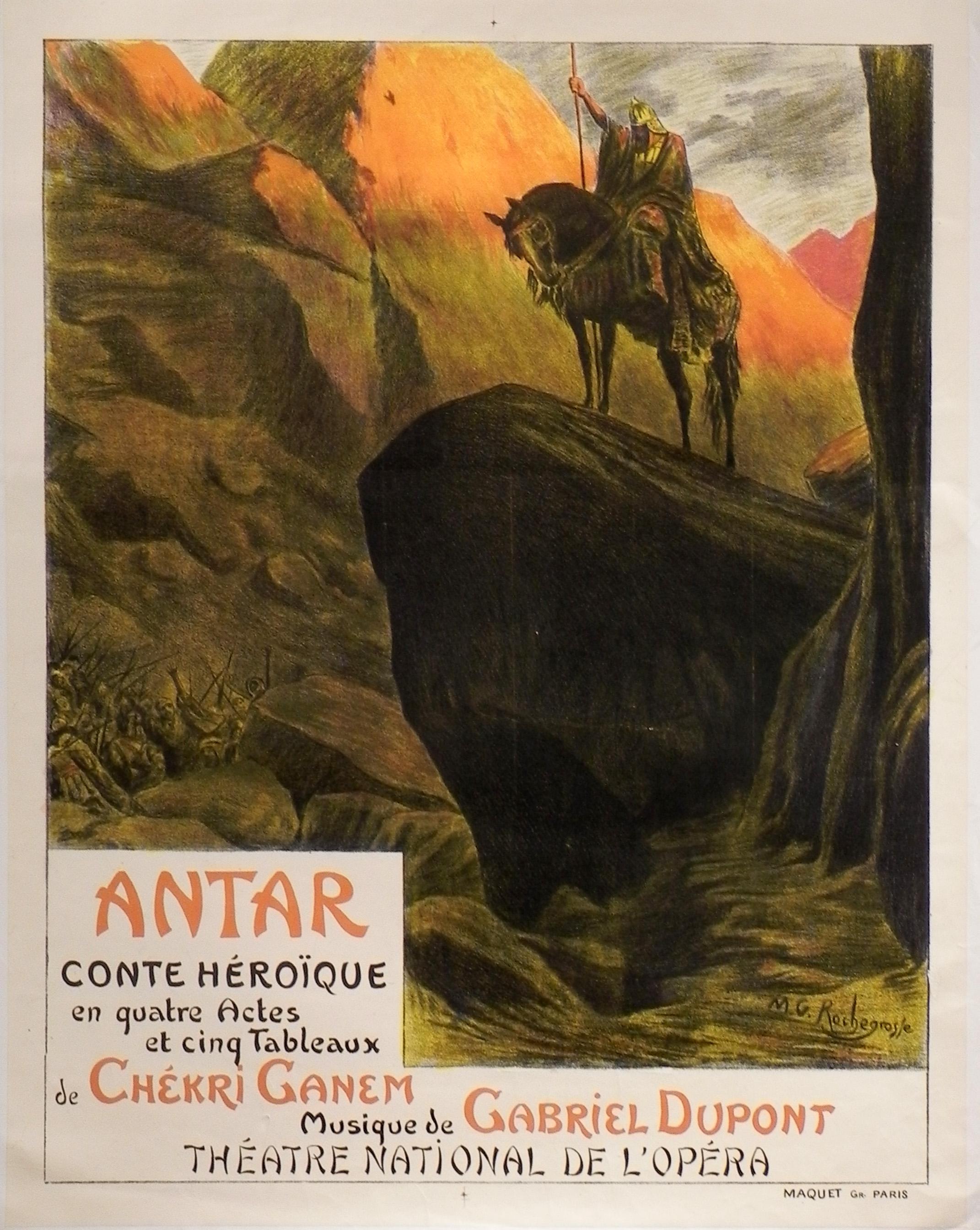 Georges Antoine Rochegrosse Print – Originales antikes französisches Originalplakat „Antar“ von Georges Rochegrosse, Stein-Lithographie