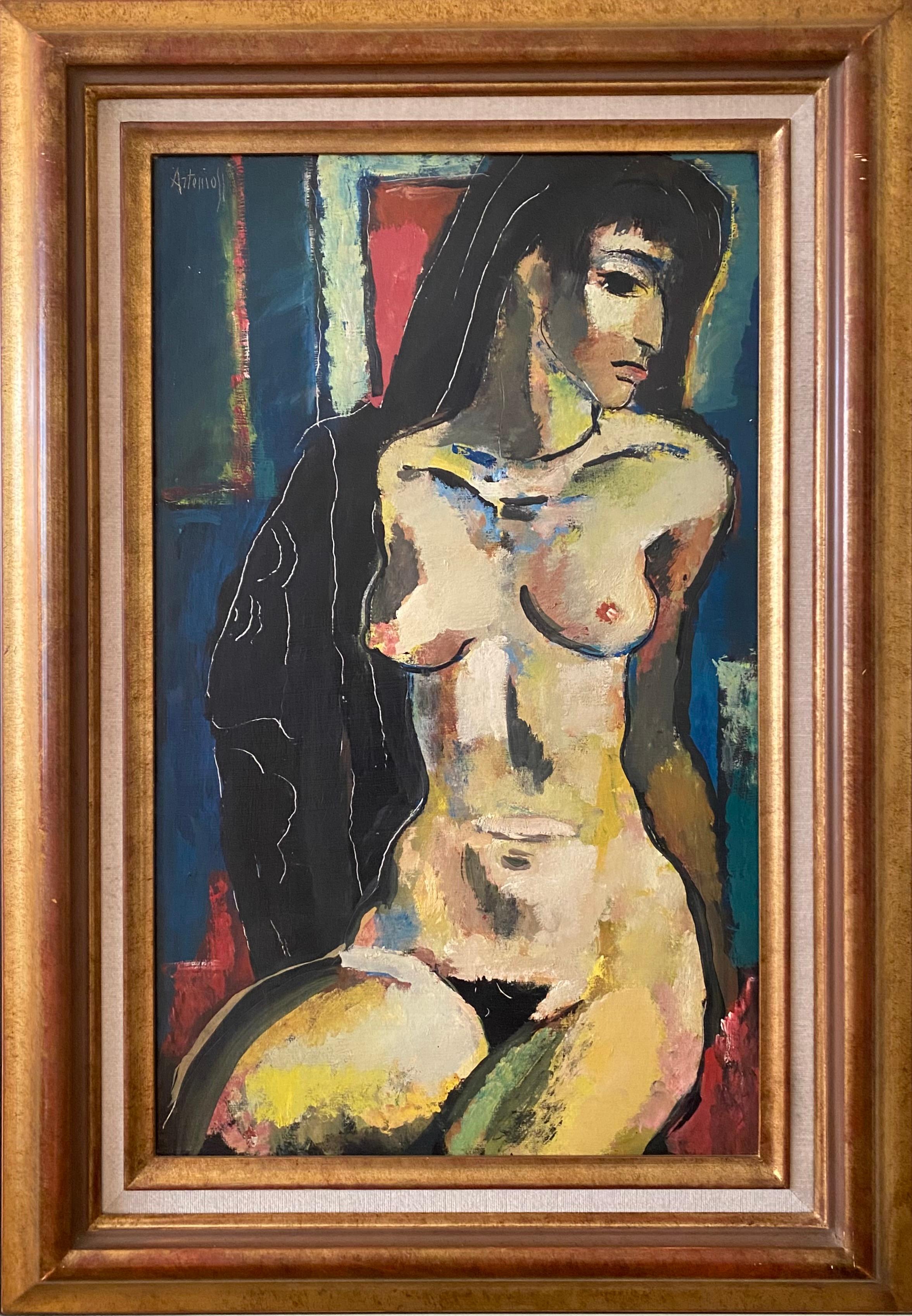 Georges Artemoff Nude Painting - Femme Assis a la Mantilla Noire