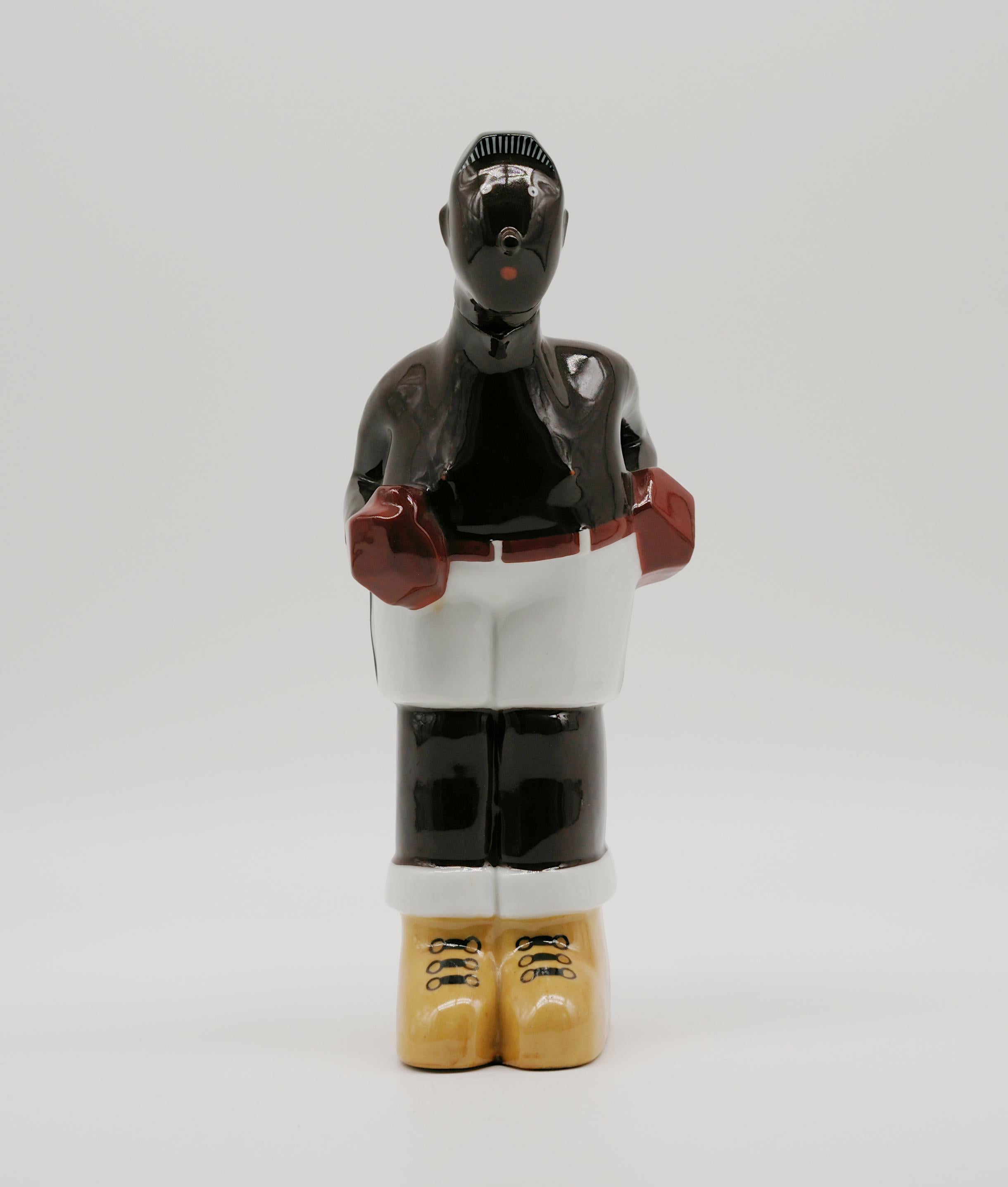 Georges BASTARD Art Deco Black Boxer Porcelain Bottle 1924, Paris Olympic Games In Excellent Condition In Saint-Amans-des-Cots, FR