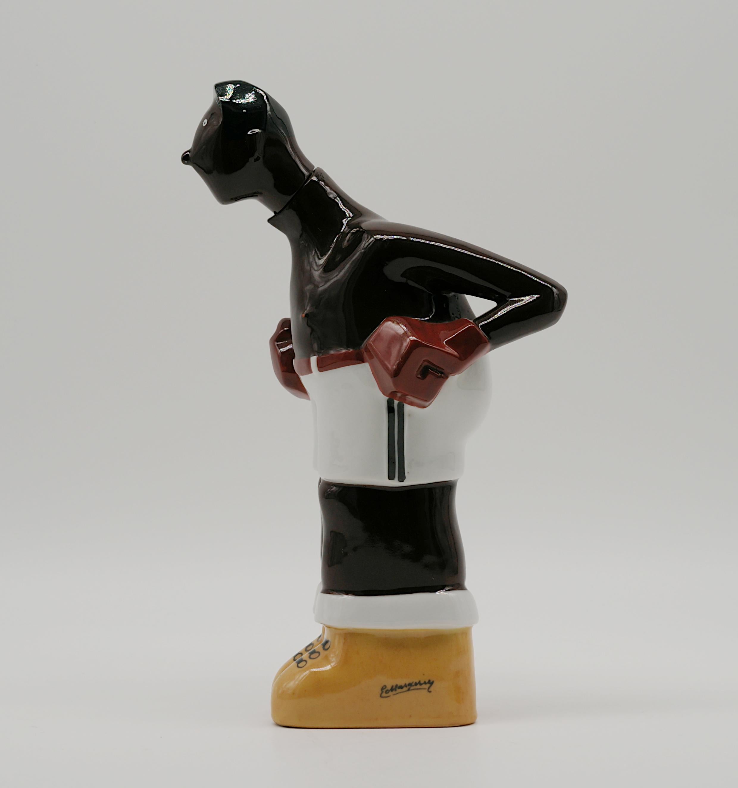 Early 20th Century Georges BASTARD Art Deco Black Boxer Porcelain Bottle 1924, Paris Olympic Games