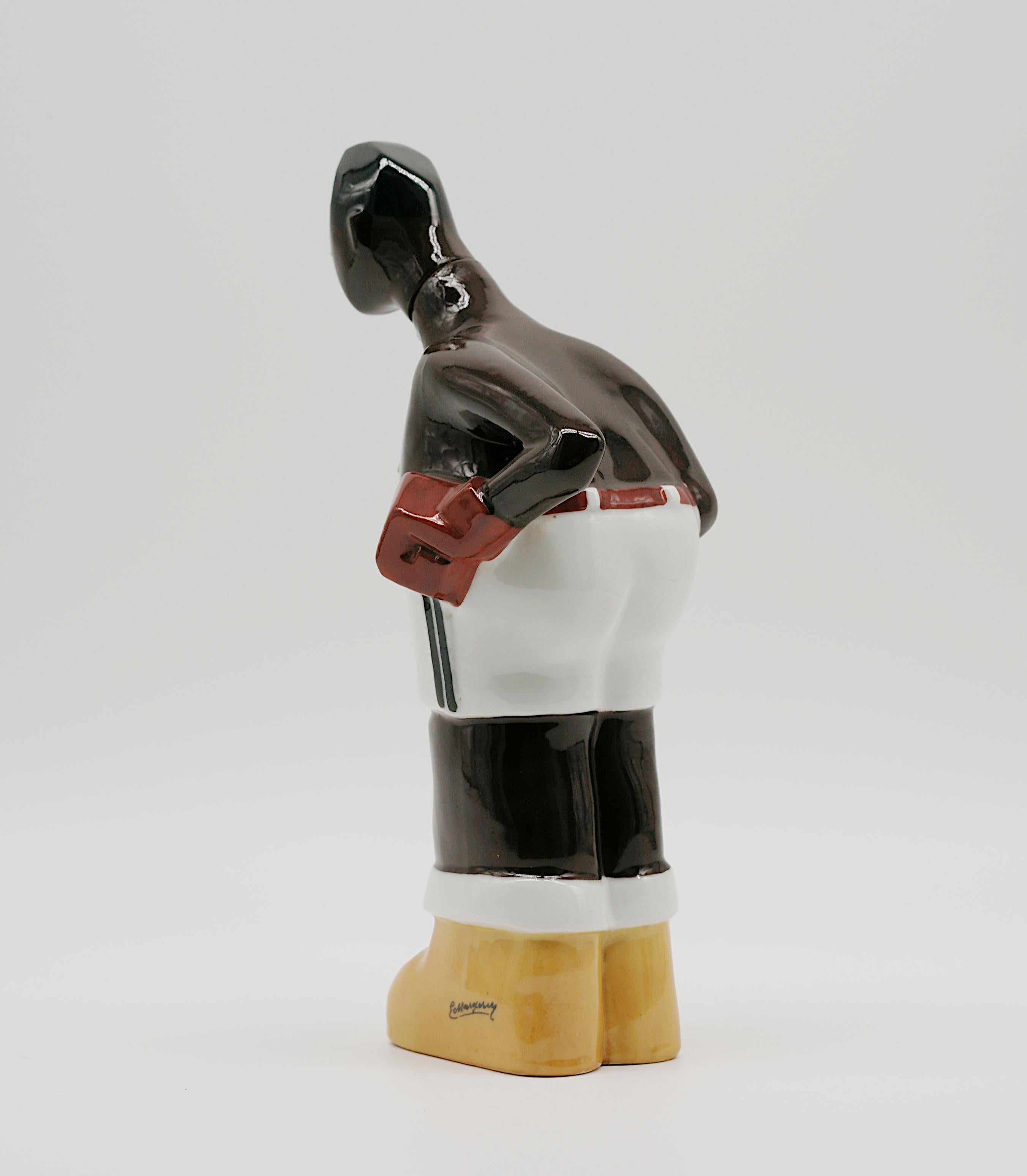 Georges BASTARD Art Deco Black Boxer Porcelain Bottle 1924, Paris Olympic Games 1