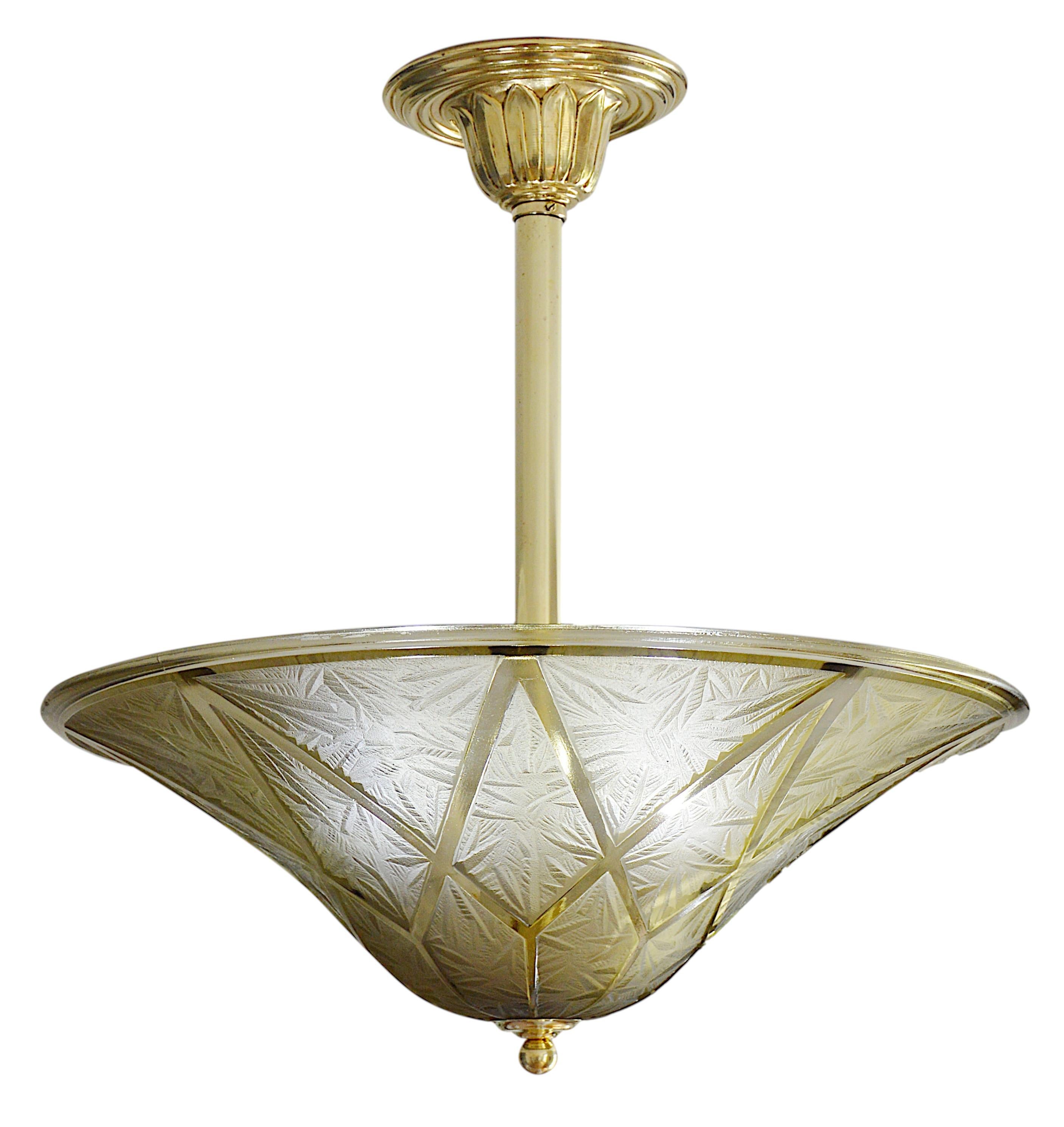 Francese Georges Beal at Verlys Grande e raro lampadario a sospensione Art Deco, 1920 in vendita