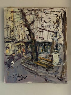 Huile post-impressionniste française du milieu du siècle signée:: Scène de rue de Montmartre à Paris