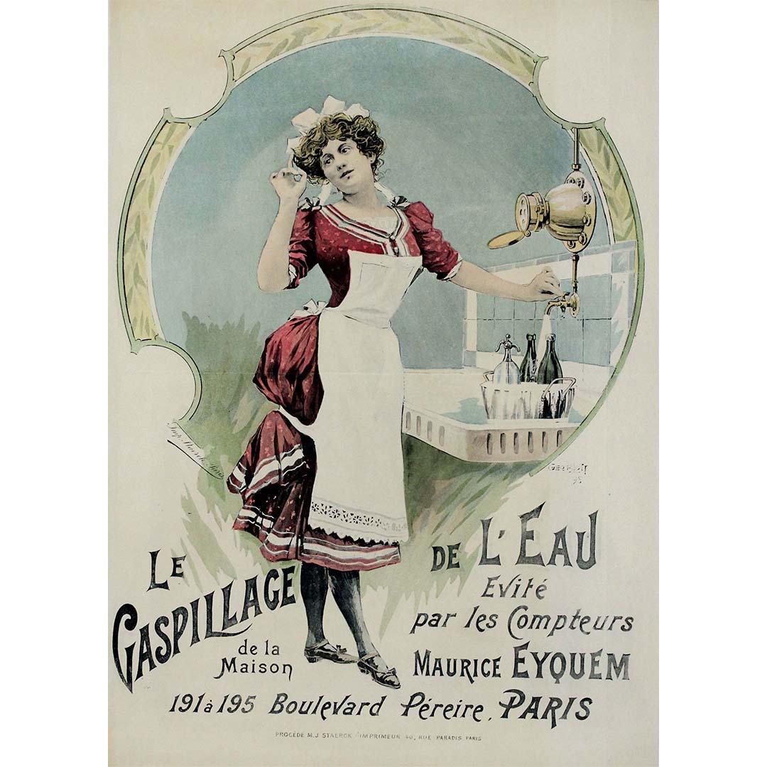 Das Original-Werbeplakat von Georges Blott aus dem Jahr 1895 fängt die Essenz des Pariser Lebens um die Jahrhundertwende ein und wirbt für die innovativen Wasserzähler von Maison Maurice Eyquem und setzt sich gleichzeitig für die Wassereinsparung