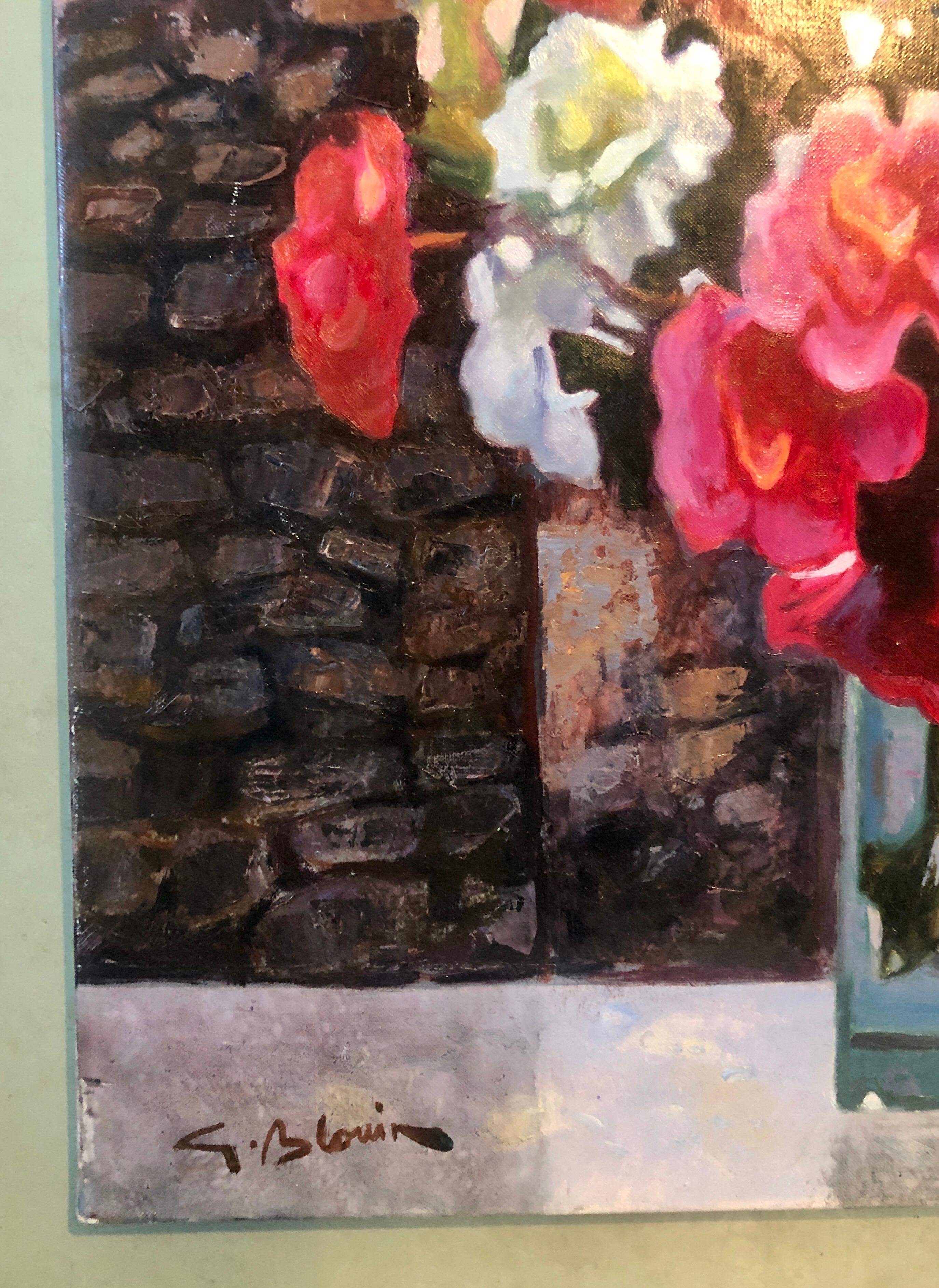 Großes farbenfrohes französisches Ölgemälde, griechische Insellandschaft, Blumen, George Blouin – Painting von Georges Blouin