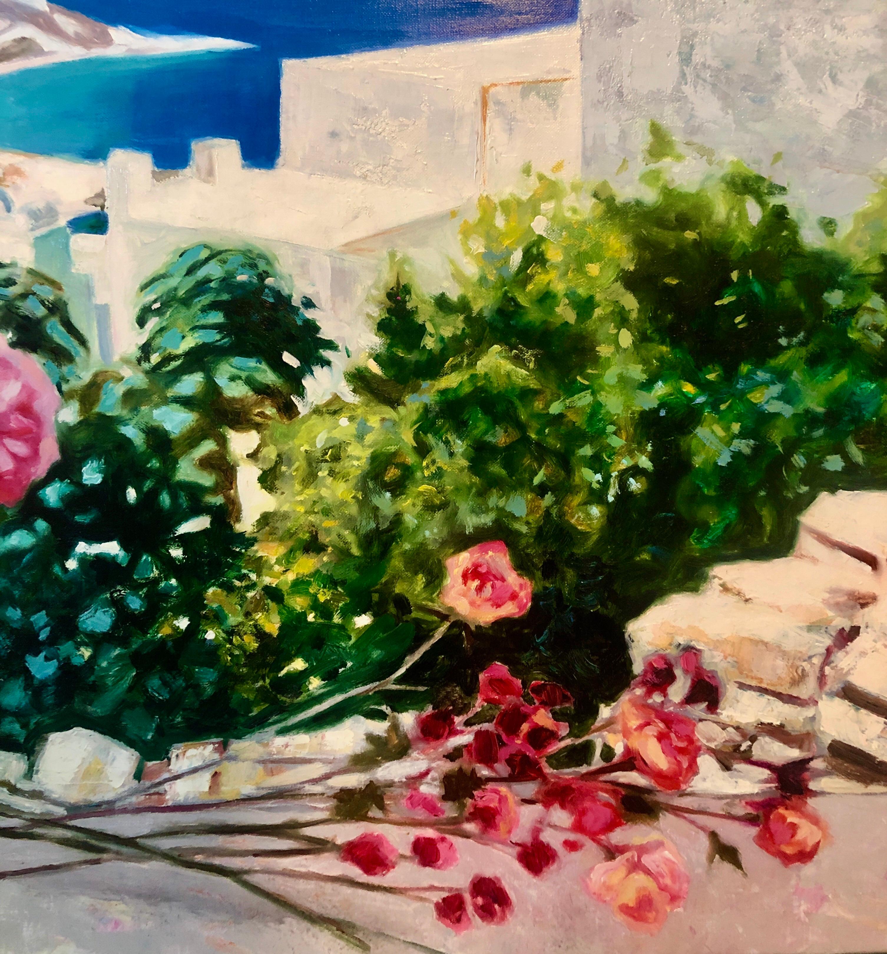 Grande peinture à l'huile française colorée de George Blouin représentant un paysage d'île grecque et des fleurs - Contemporain Painting par Georges Blouin