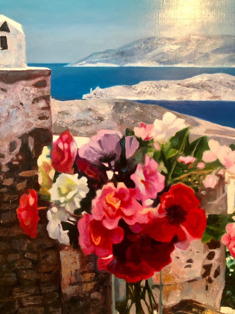 Large Colorful French Oil Painting Greek Island Landscape Flowers George Blouin For Sale 1