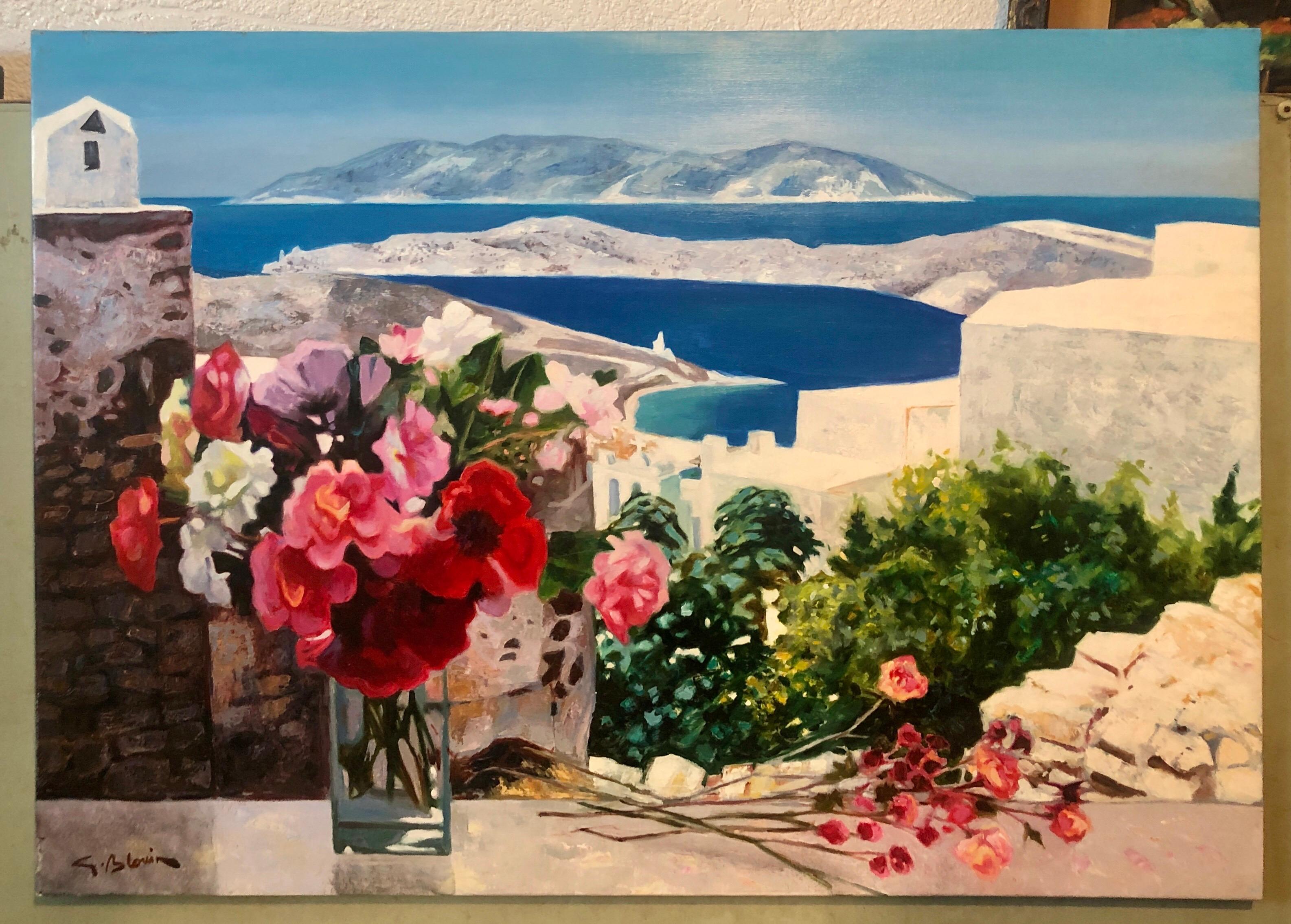 Grande peinture à l'huile française colorée de George Blouin représentant un paysage d'île grecque et des fleurs en vente 1