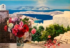 Vintage Large Colorful French Oil Painting Greek Island Landscape Flowers George Blouin