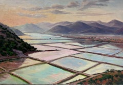 Huile impressionniste française contemporaine Étangs de sel Scène côtière du sud de la France