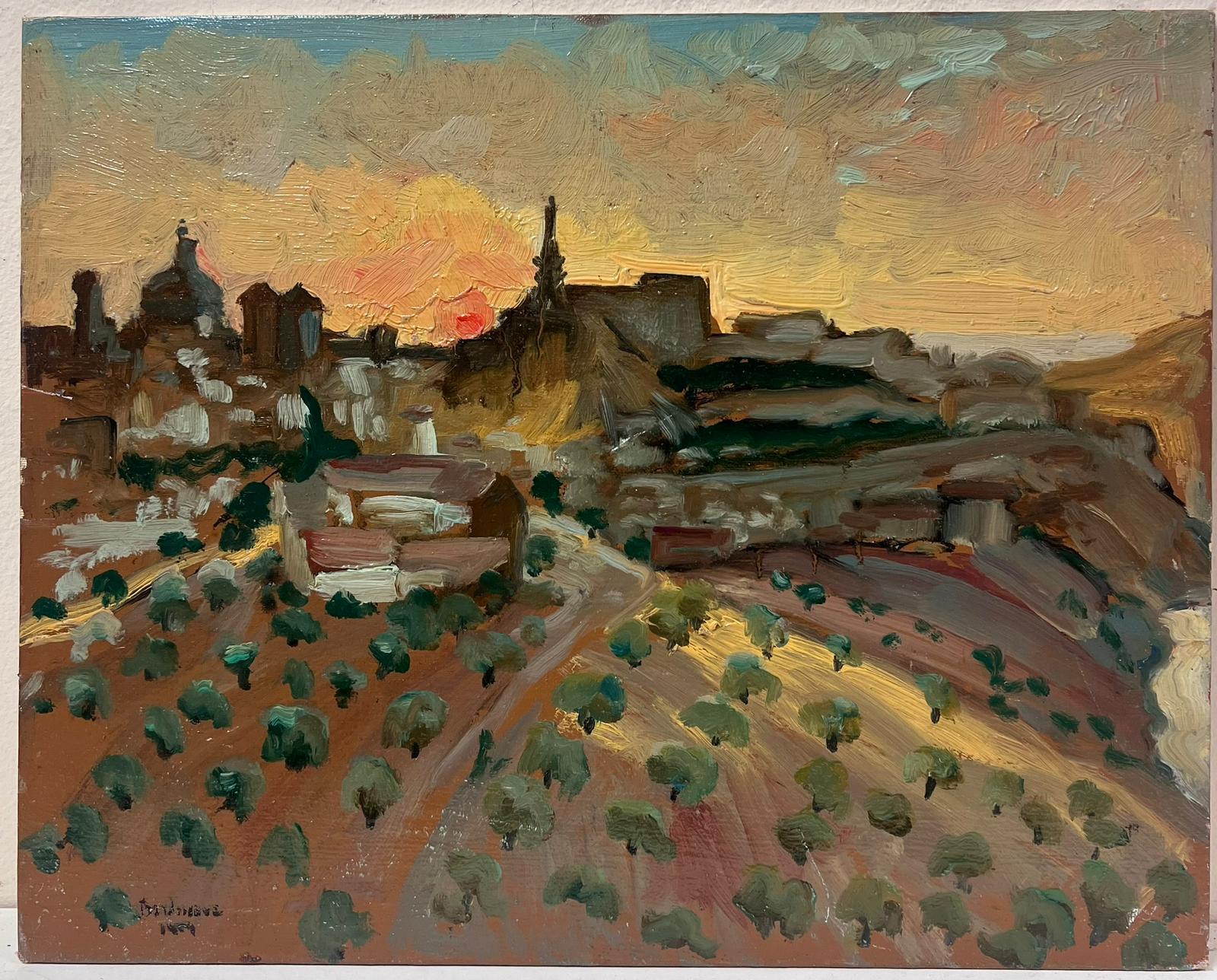 1950's Óleo Impresionista Francés Olivares Puesta de Sol sobre el Casco Antiguo Español - Painting de Georges Bordonove