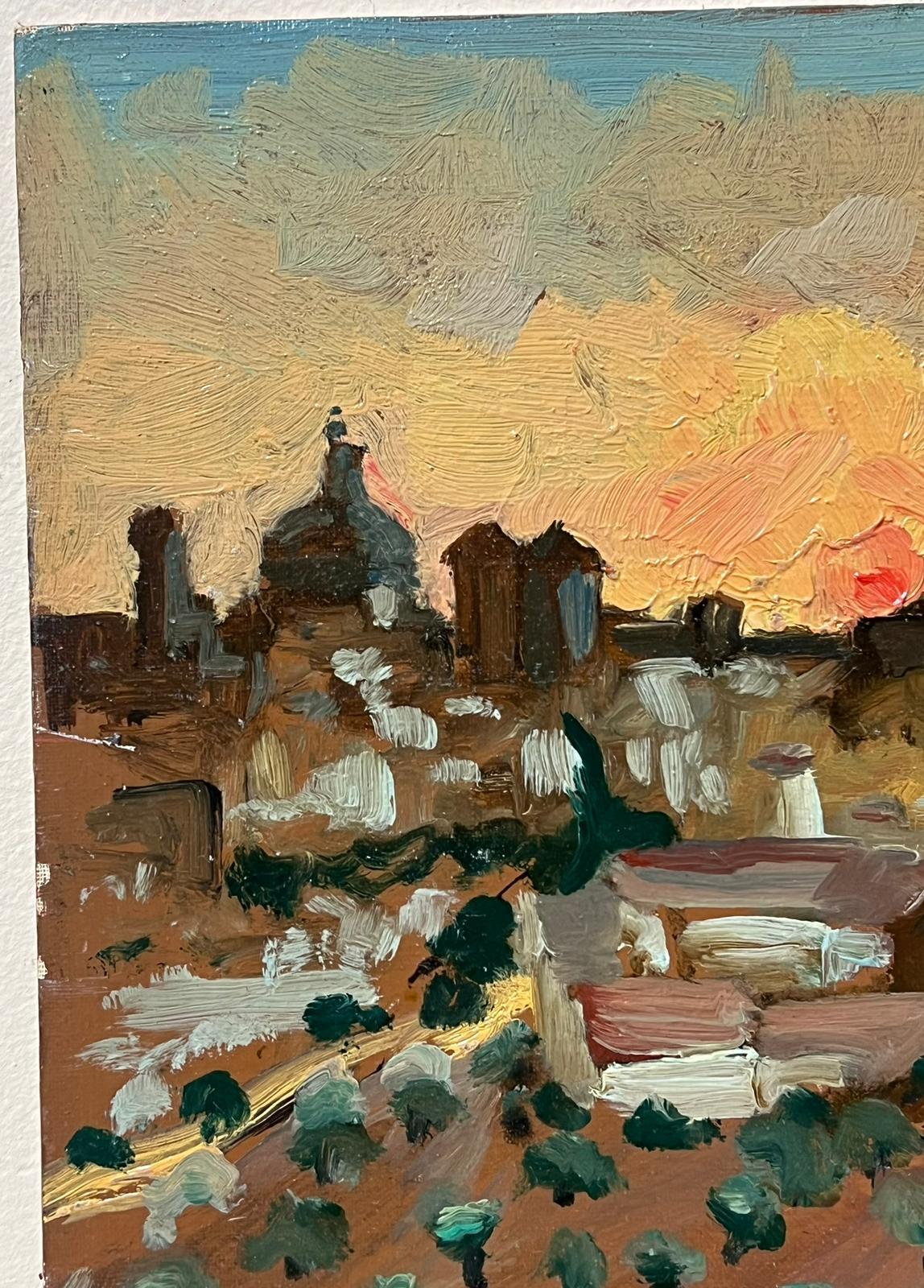1950's Óleo Impresionista Francés Olivares Puesta de Sol sobre el Casco Antiguo Español 1