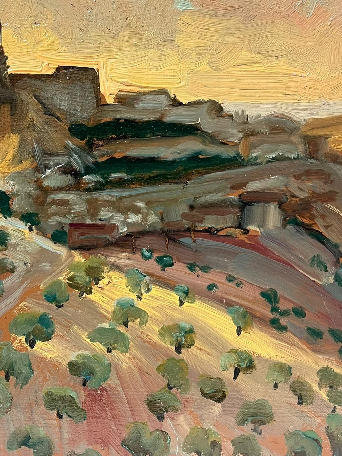 1950's Óleo Impresionista Francés Olivares Puesta de Sol sobre el Casco Antiguo Español 2