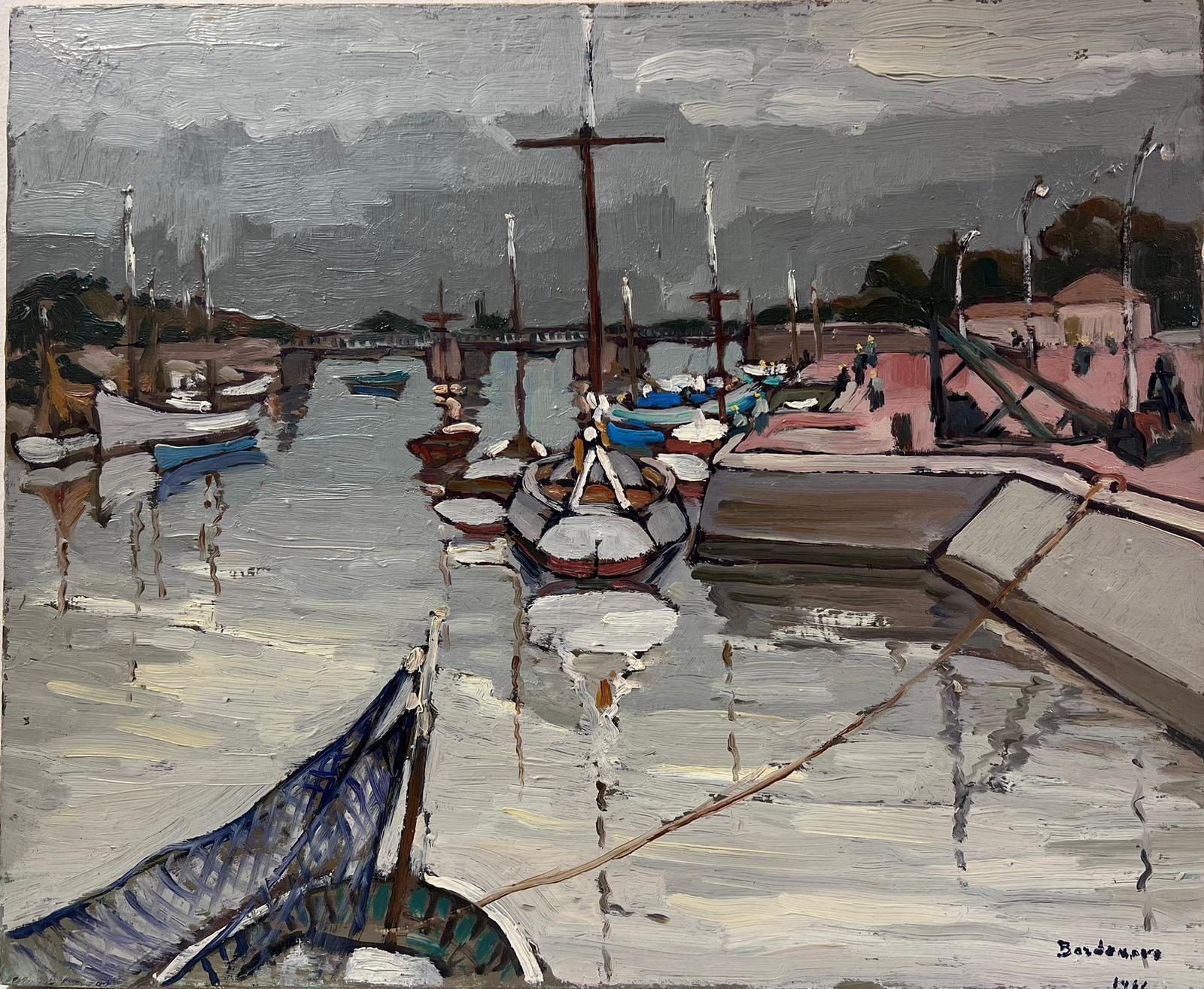 1960's French Impressionist Oil Boats in Old French Harbor Signed & Dated - Painting by Georges Bordonove