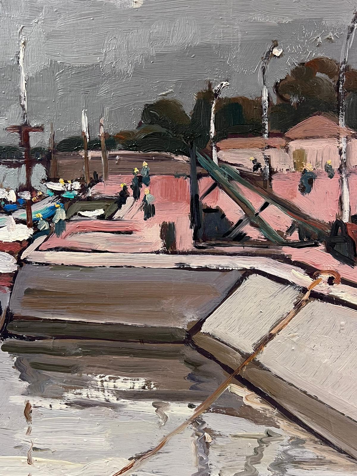 1960's French Impressionist Oil Boats in Old French Harbor Signed & Dated 1
