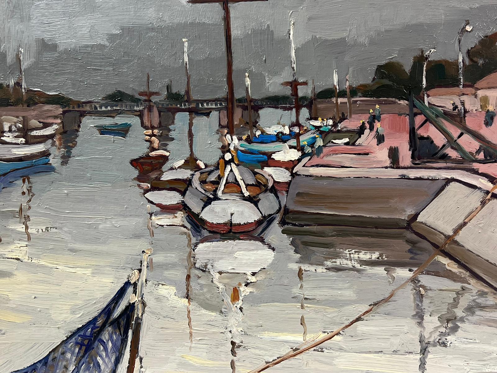 1960's French Impressionist Oil Boats in Old French Harbor Signed & Dated 3