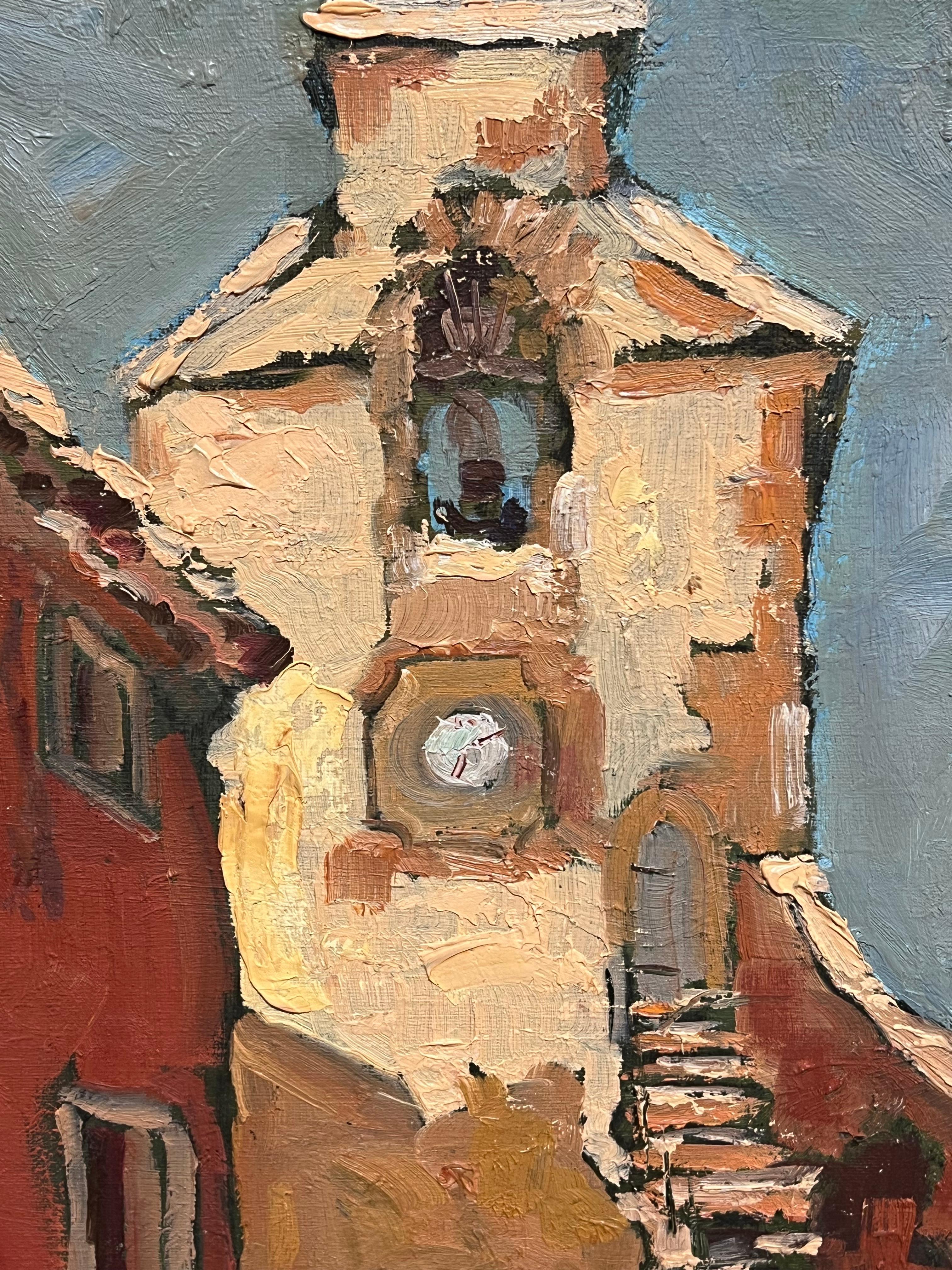 Pittura a olio impressionista francese degli anni '60 Vecchio villaggio di case in pietra del sud della Francia - Landscape Painting Marrone di Georges Bordonove