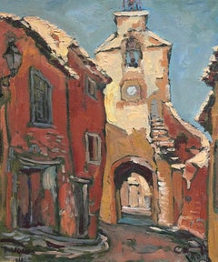 Pittura a olio impressionista francese degli anni '60 Vecchio villaggio di case in pietra del sud della Francia