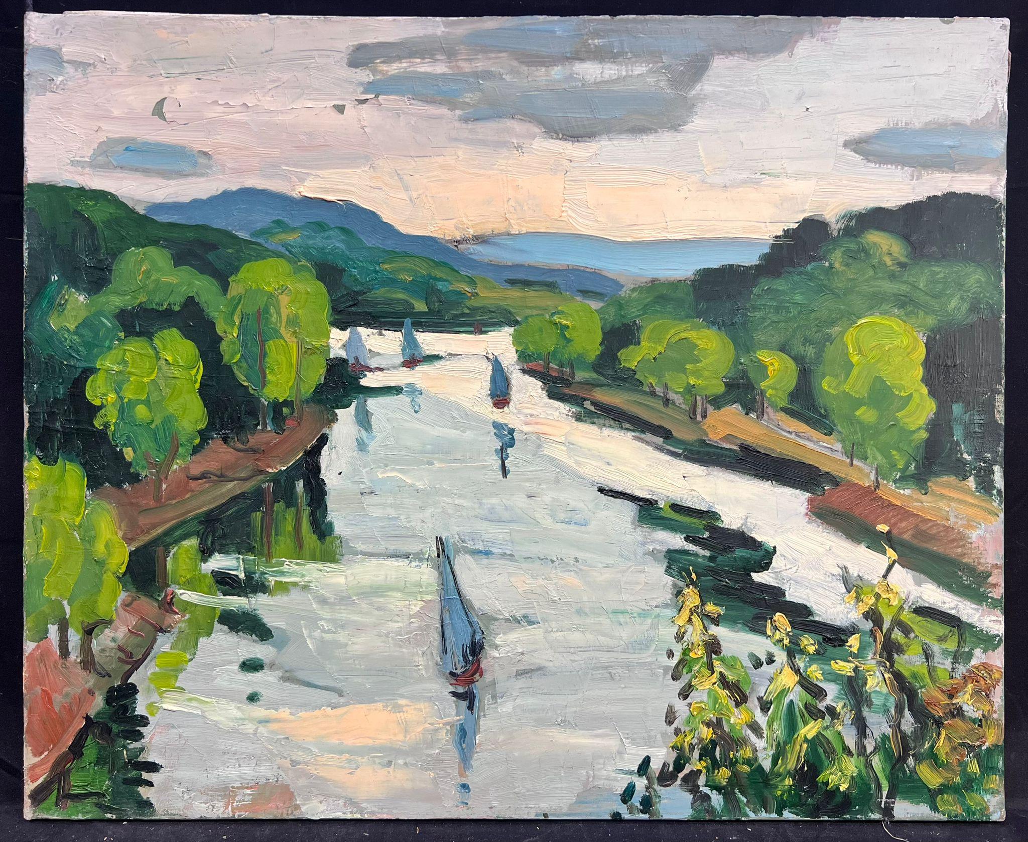 1960's French Moody Sludgy Green River Landscape Ile de France Firmado y fechado - Painting de Georges Bordonove