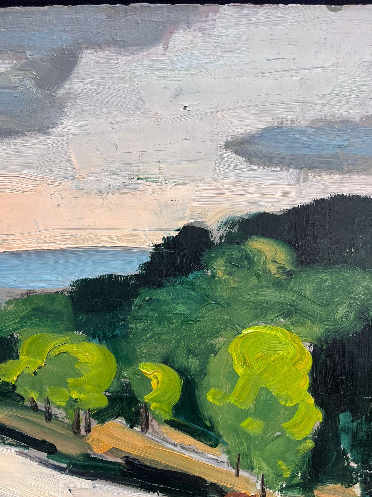 1960's French Moody Sludgy Green River Landscape Ile de France Firmado y fechado - Landscape Painting Gris de Georges Bordonove