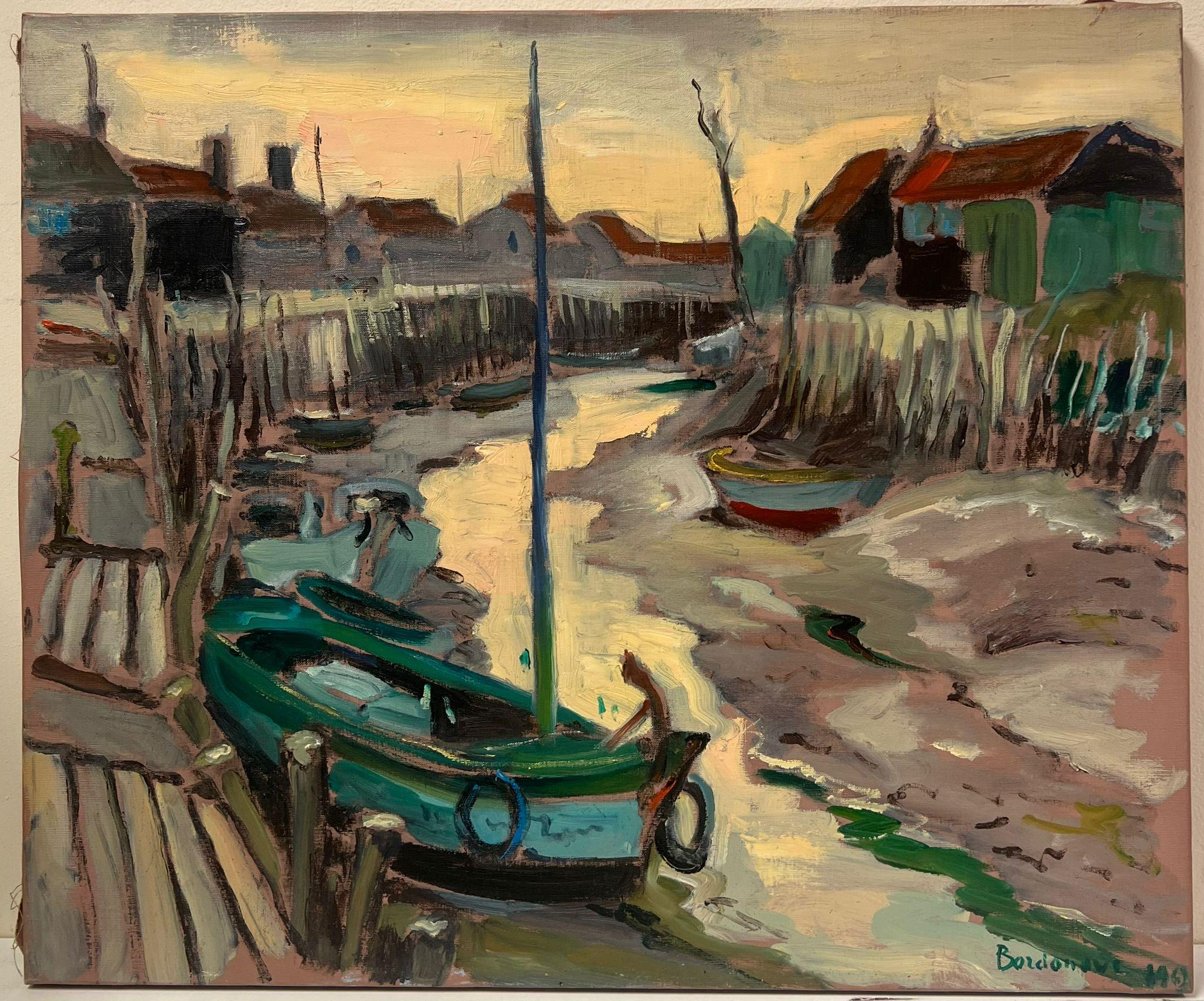1960's French Post Impressionist Painting Low Tide Estuary Creek Fishing Boats - Brown Landscape Painting by Georges Bordonove