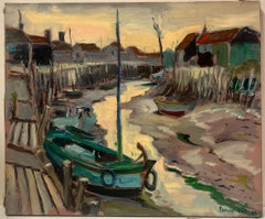 1960's French Post Impressionist Painting Low Tide Estuary Creek Fishing Boats