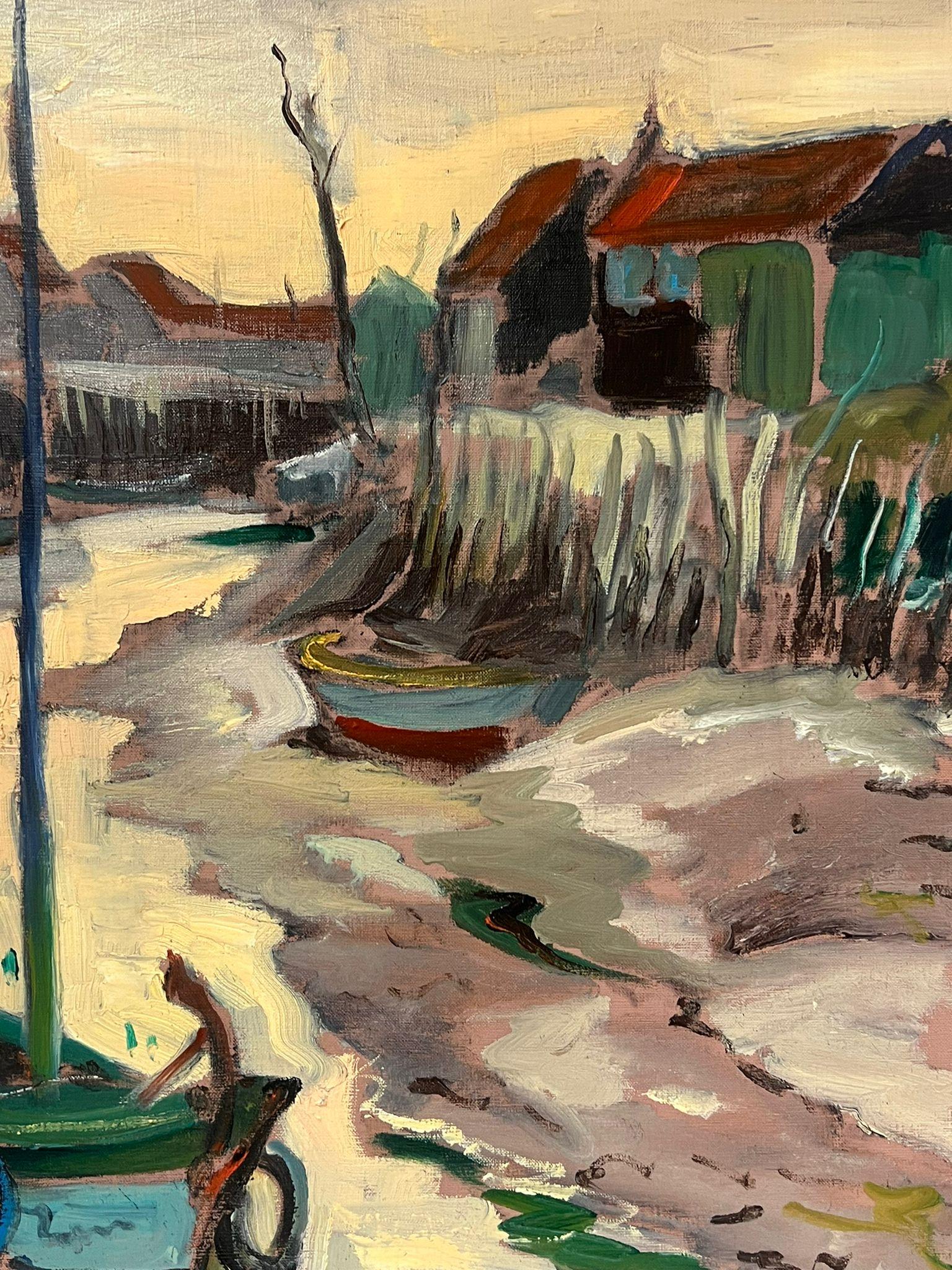 1960's French Post Impressionist Painting Low Tide Estuary Creek Fishing Boats For Sale 1