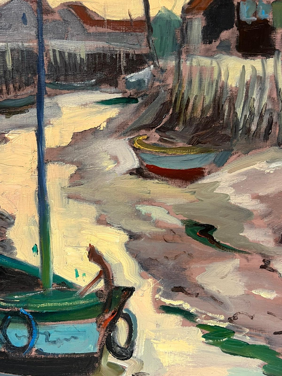 1960's French Post Impressionist Painting Low Tide Estuary Creek Fishing Boats For Sale 3
