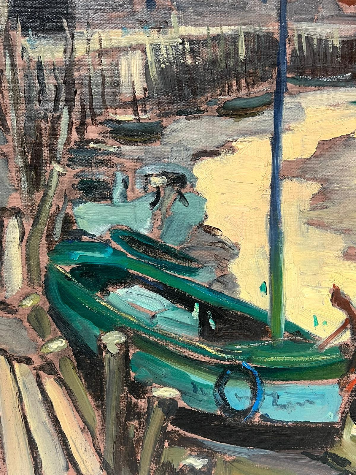 1960's French Post Impressionist Painting Low Tide Estuary Creek Fishing Boats For Sale 4