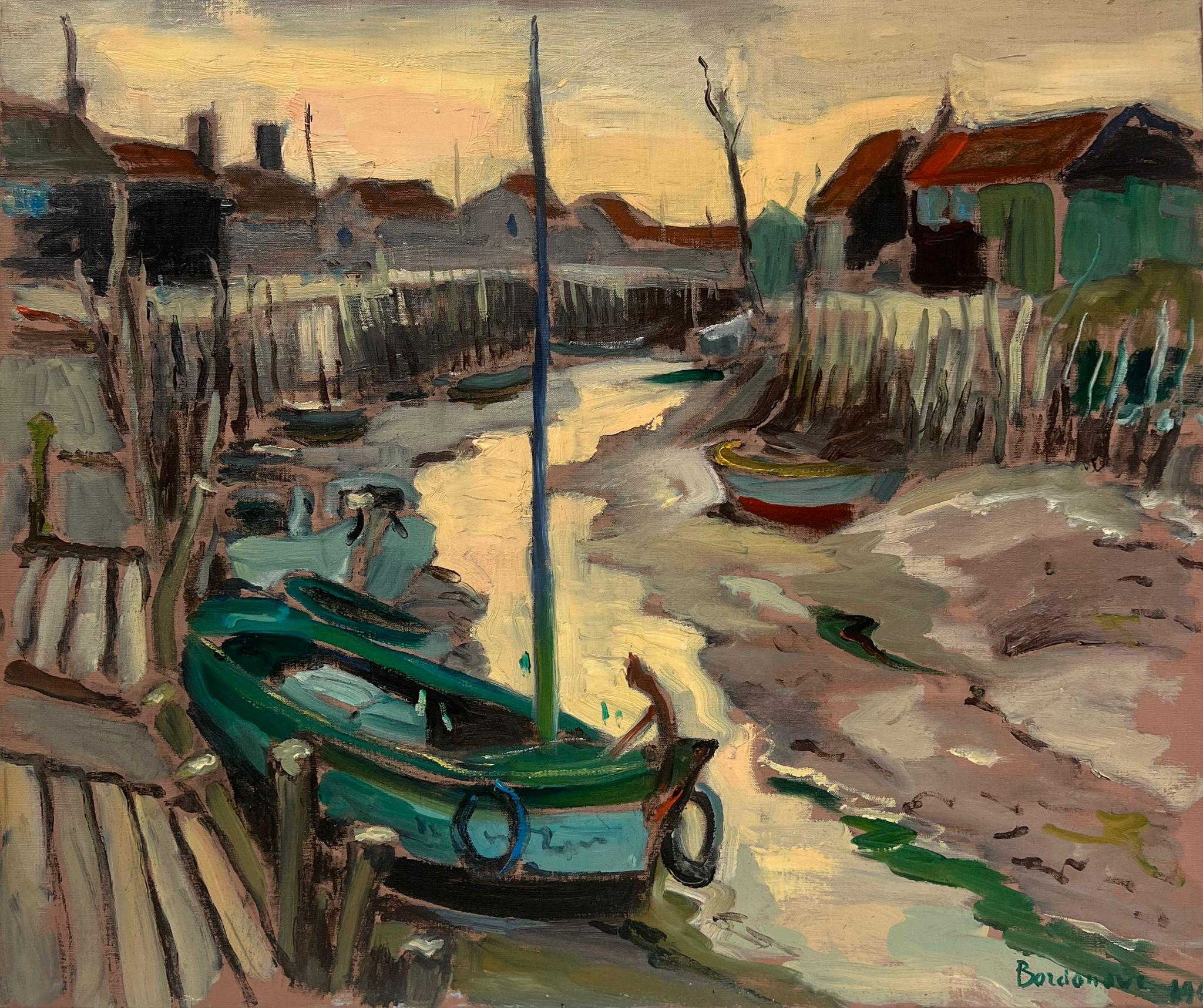 Französisches postimpressionistisches Gemälde, 1960er Jahre, tief getünchte Estuary Creek-Fischboote