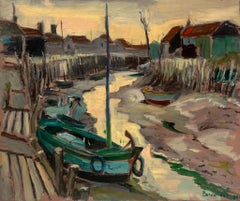 Pintura postimpresionista francesa de los años 60 Marea baja Estuario Arroyo Barcos de pesca