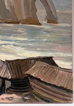1970's French Impressionist Oil Etretat Cliffs Coastline with Fisherfolk Beach
