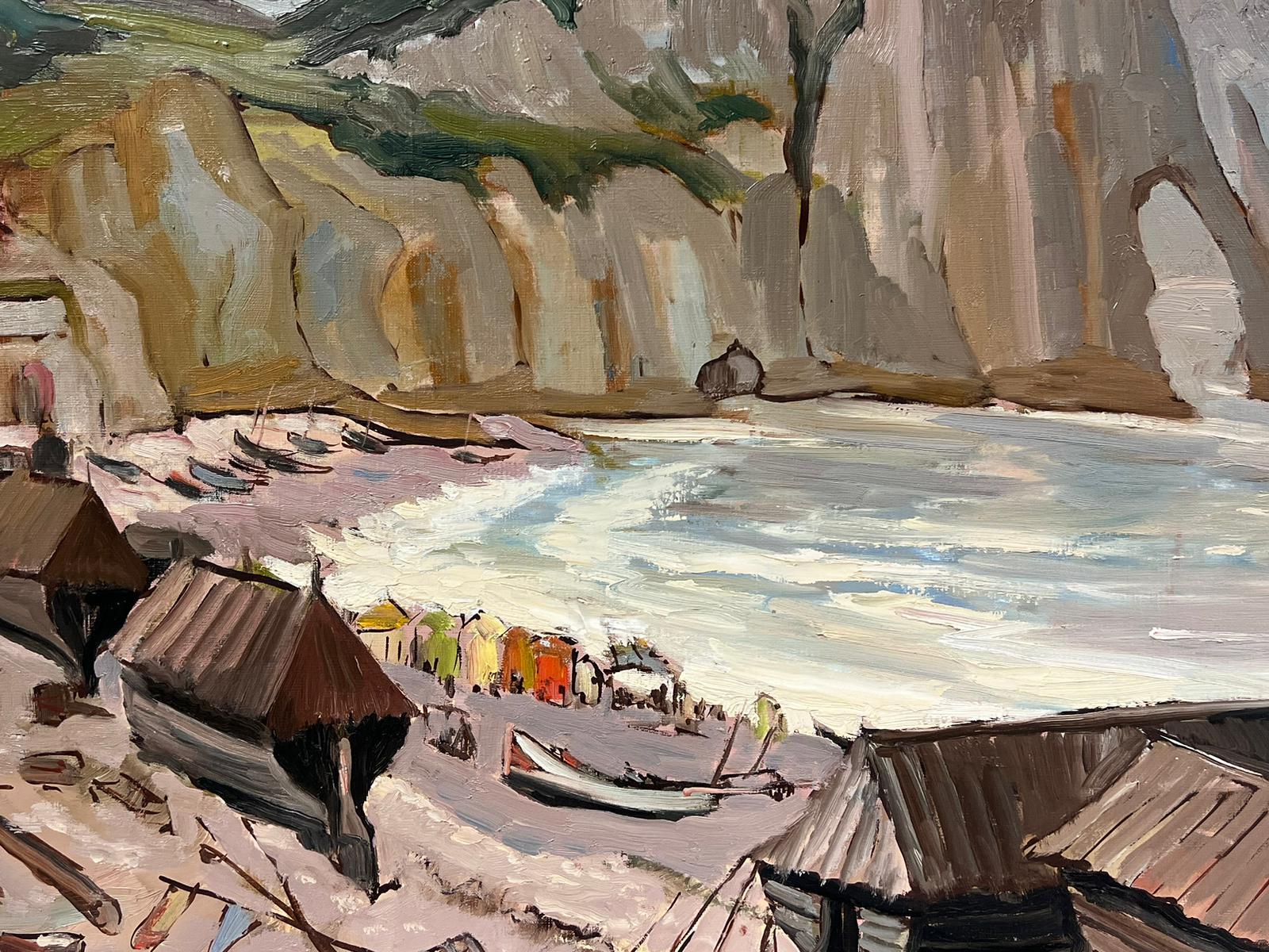 1970's French Impressionist Oil Etretat Cliffs Coastline with Fisherfolk Beach For Sale 2