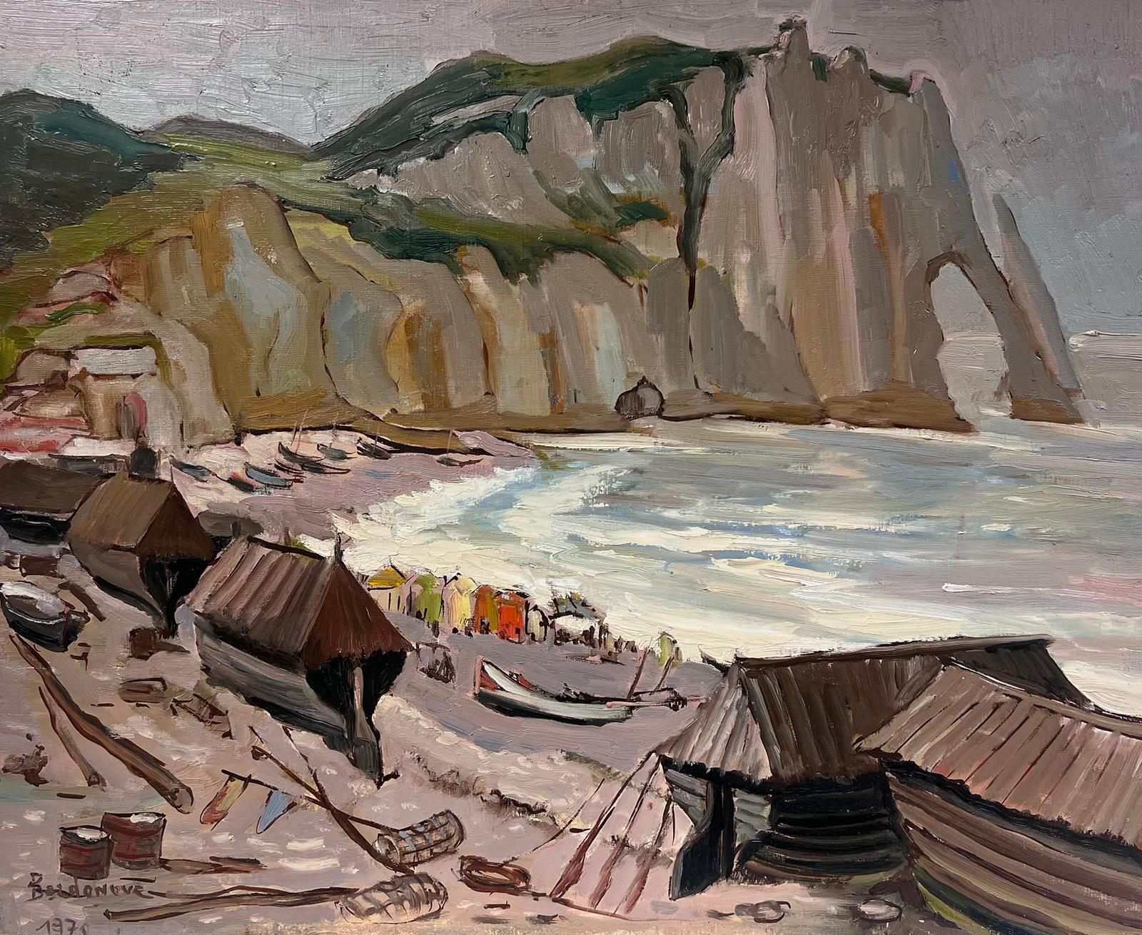1970's French Impressionist Oil Etretat Cliffs Coastline with Fisherfolk Beach For Sale 3