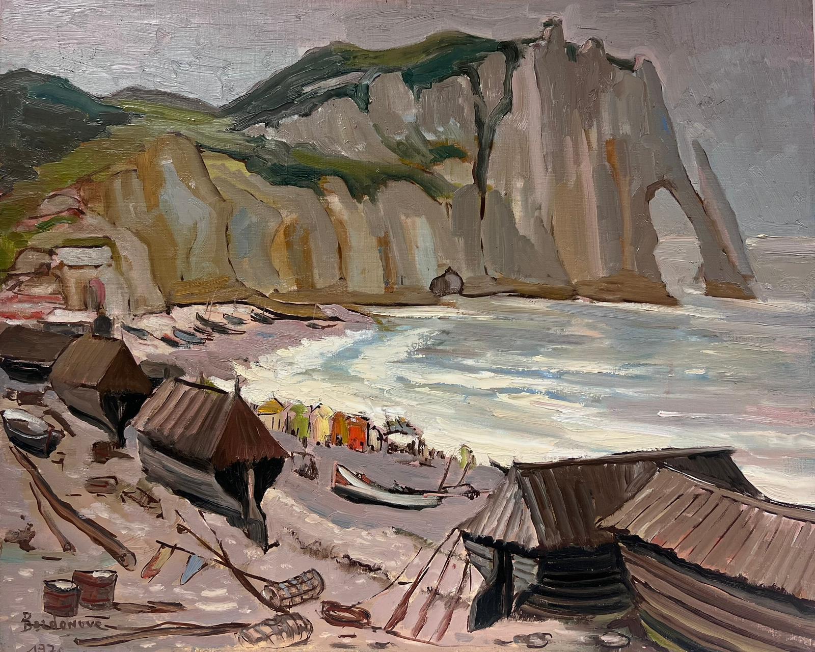 Georges Bordonove Landscape Painting - 1970's French Impressionist Oil Etretat Cliffs Coastline with Fisherfolk Beach