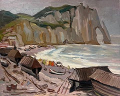 Peinture à l'huile impressionniste française des années 1970, côte des Cliffs avec plage de Fisherfolk