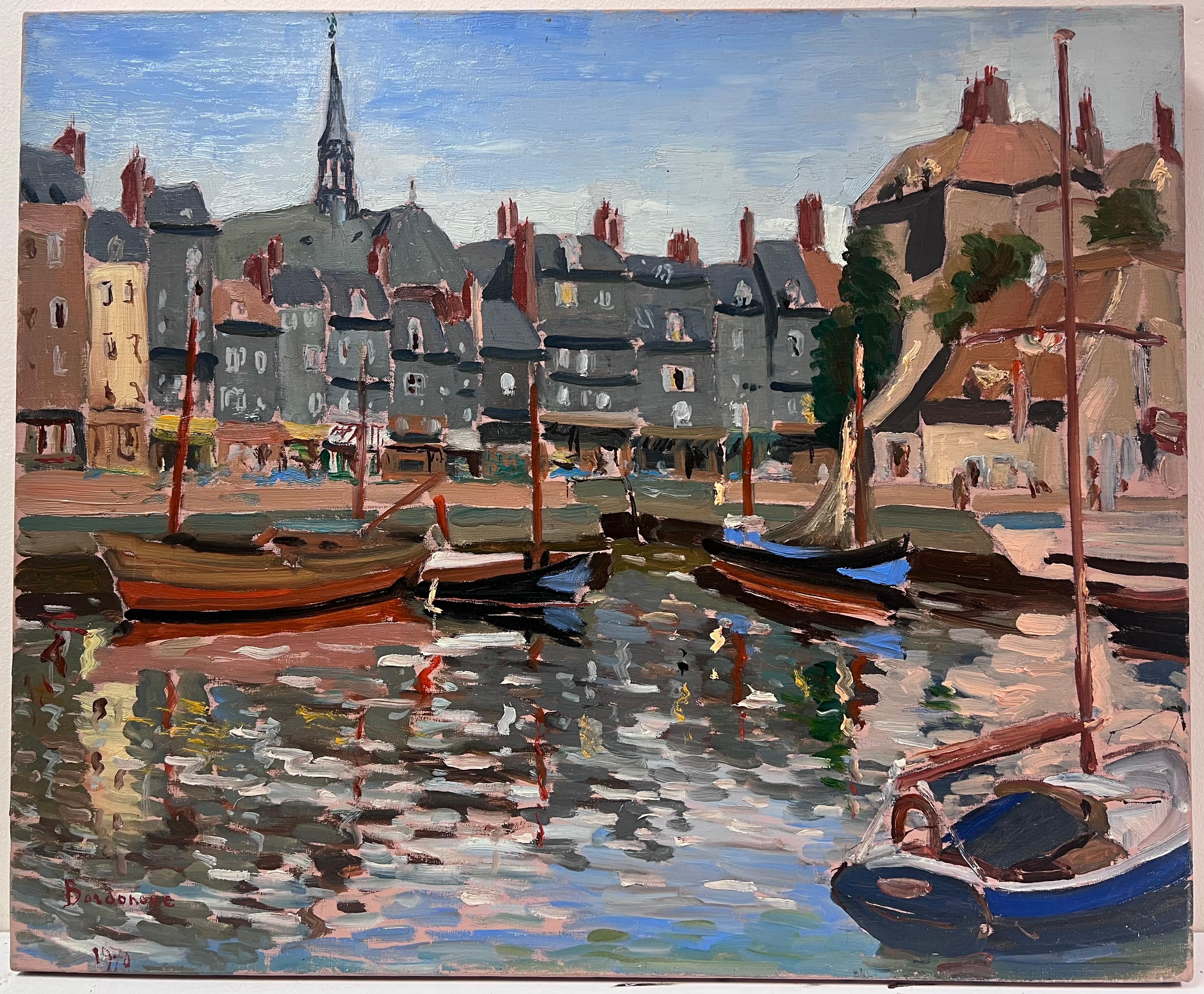 1970's French Impressionist Signed Oil Pretty French Harbor Scene with Boats - Painting by Georges Bordonove