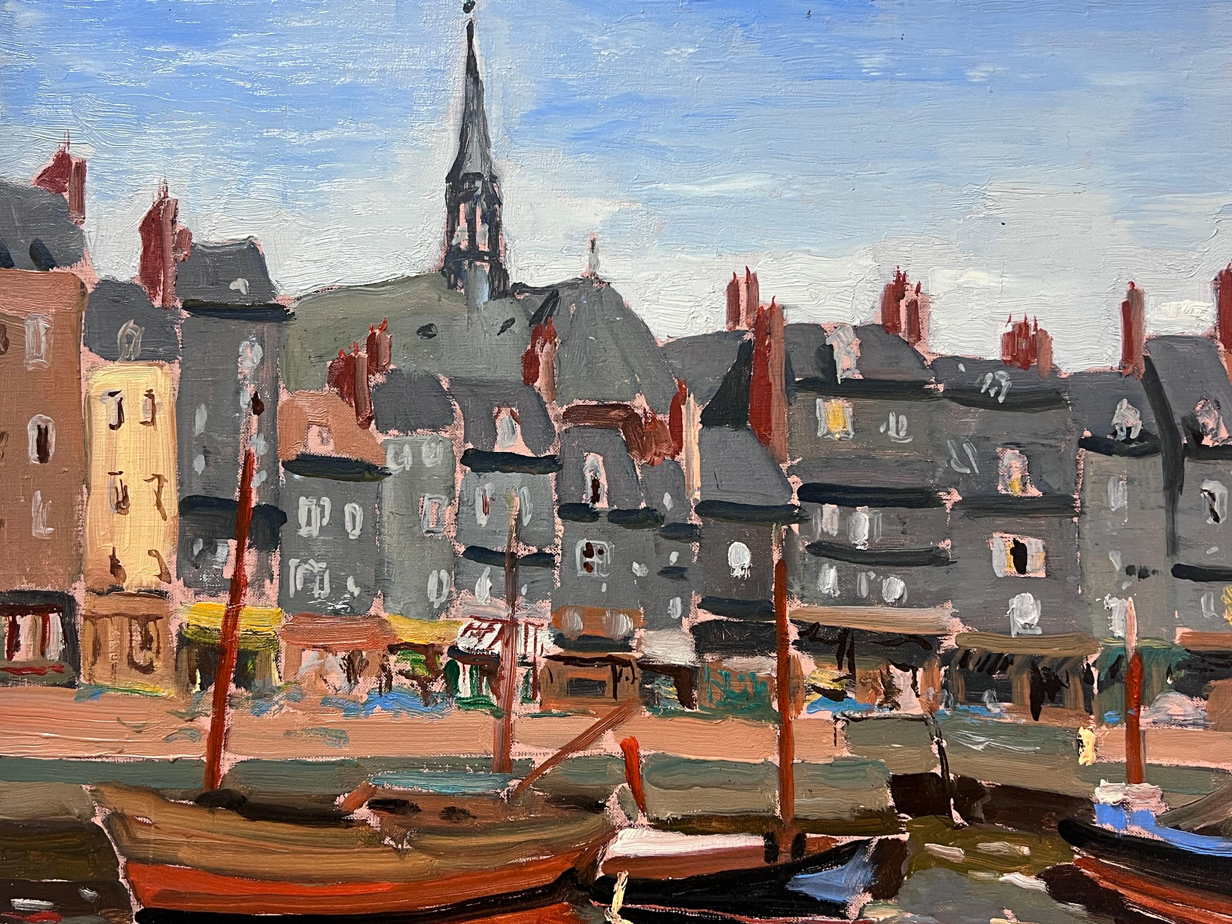 1970's French Impressionist Signed Oil Pretty French Harbor Scene with Boats For Sale 1