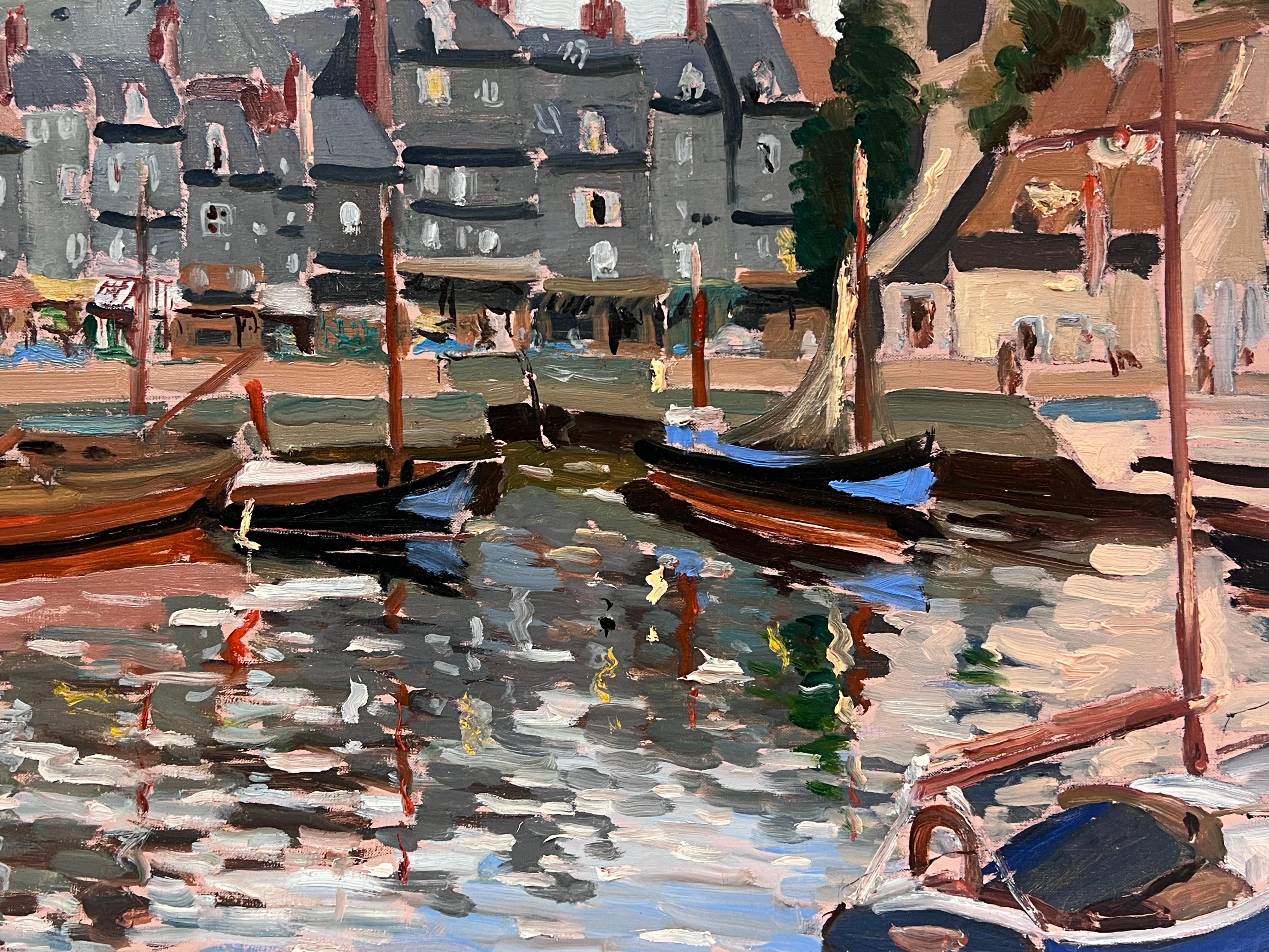 1970's French Impressionist Signed Oil Pretty French Harbor Scene with Boats For Sale 3