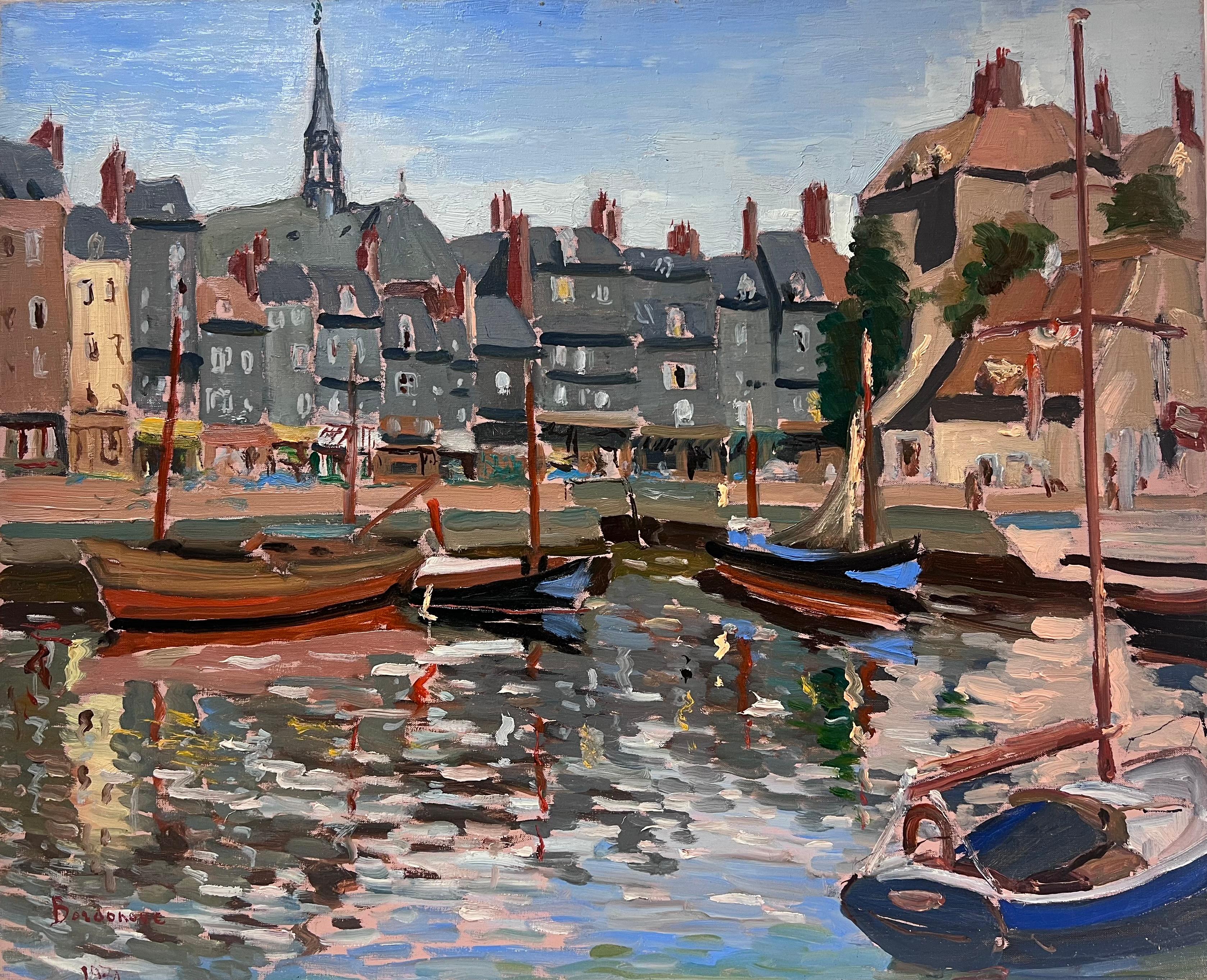 Georges Bordonove Landscape Painting – 1970's Französisch Impressionist signiert Öl Hübsche Französisch Hafenszene mit Booten