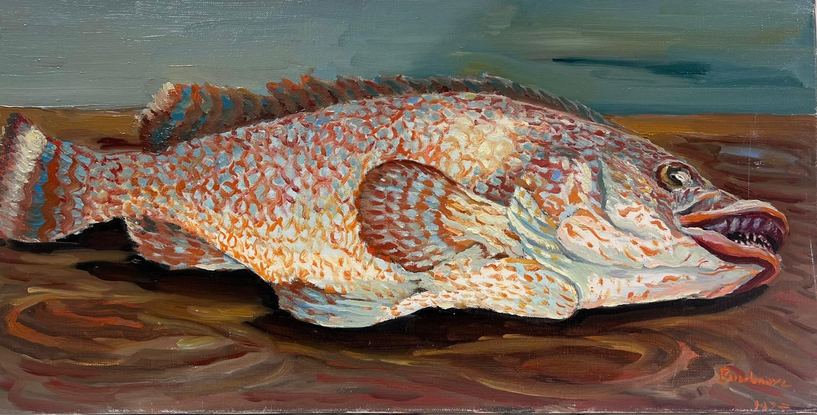 Still Life of an Exotic Fish
by Georges Bordonave (French contemporary)  
signed oil painting on canvas, unframed
dated 1973/5?
unframed: 12 x 24 inches
condition: very good
provenance: from a large private collection of this artists work, western