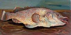 Nature morte à l'huile signée d'un impressionniste français des années 1970 représentant un poisson exotique