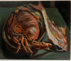 Pintura al óleo francesa de los años 70 Cangrejo y pescado en la mesa de la cocina ideal ¡Restaurante de pescado!