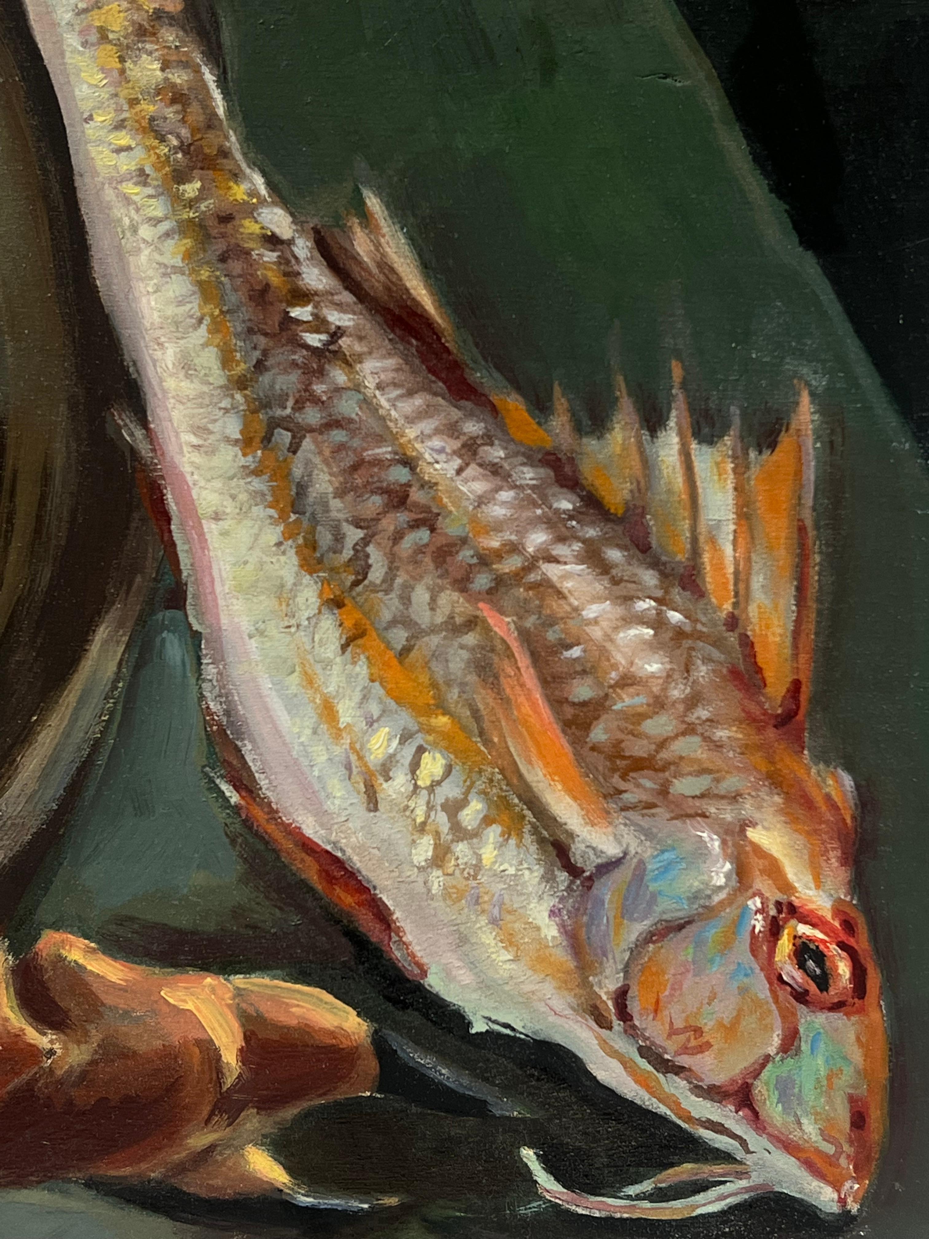 Pintura al óleo francesa de los años 70 Cangrejo y pescado en la mesa de la cocina ideal  ¡Restaurante de pescado! - Painting Impresionista de Georges Bordonove