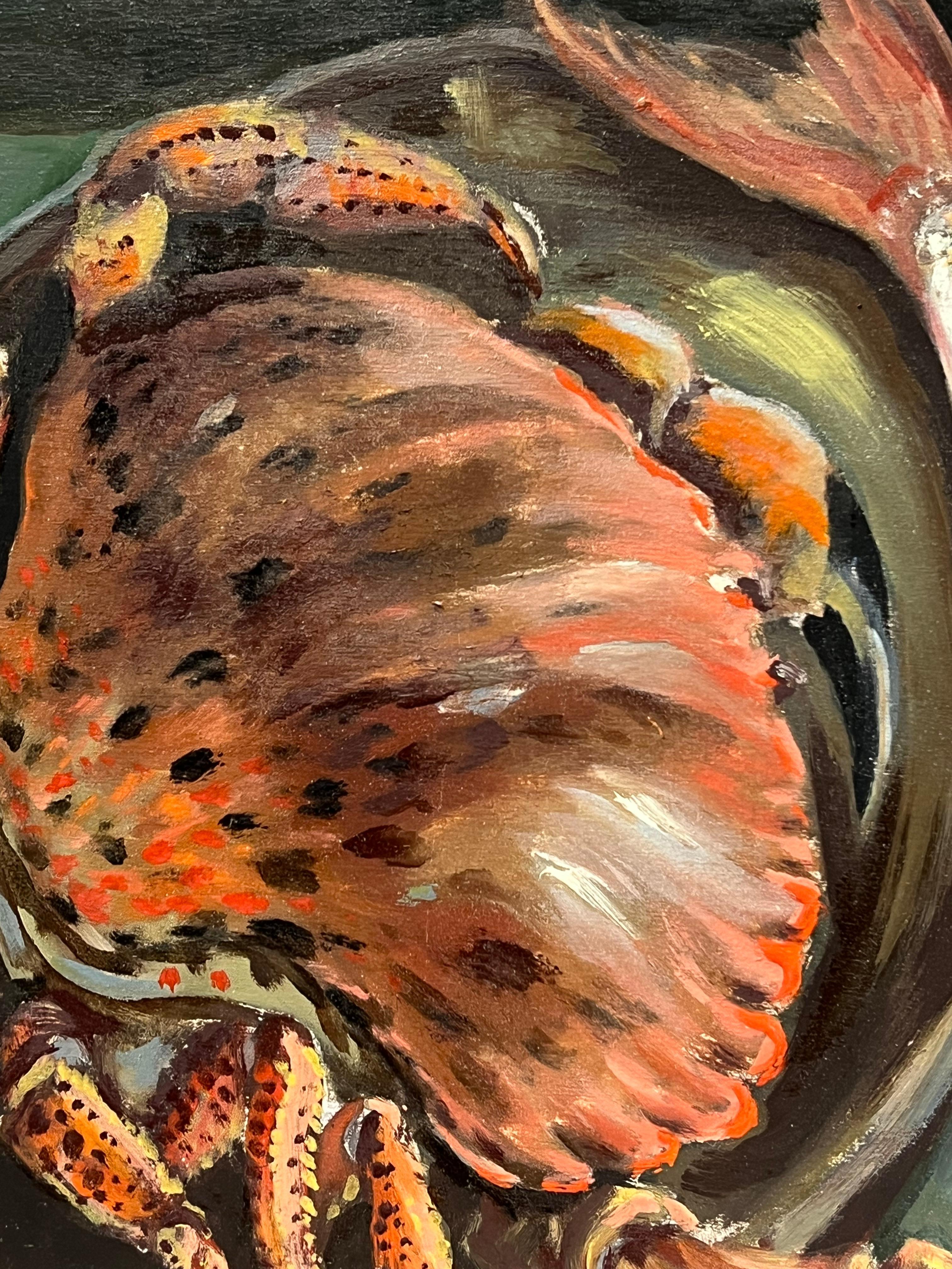 Pintura al óleo francesa de los años 70 Cangrejo y pescado en la mesa de la cocina ideal  ¡Restaurante de pescado! - Still-Life Painting Negro de Georges Bordonove