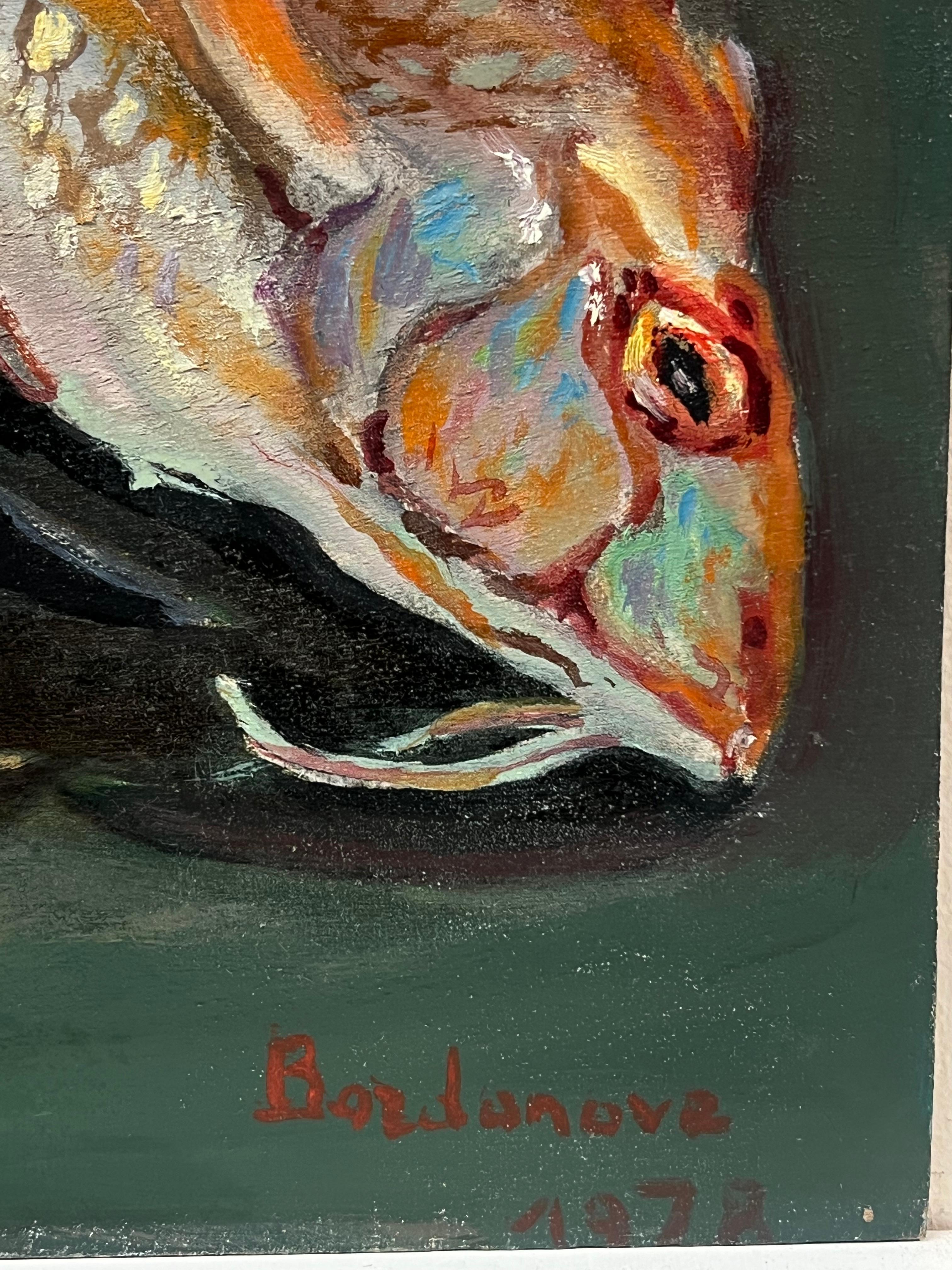 Pintura al óleo francesa de los años 70 Cangrejo y pescado en la mesa de la cocina ideal  ¡Restaurante de pescado! en venta 1